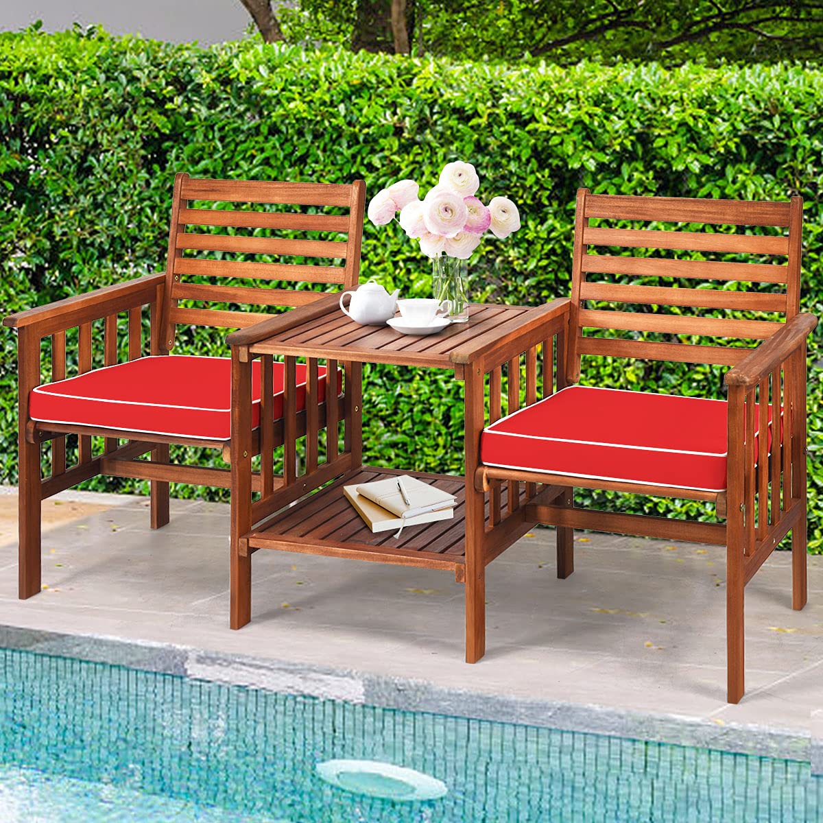 Acacia Wood Loveseat with Table - 2-Piece Outdoor Patio Bistro Set with Cushions & 2.1