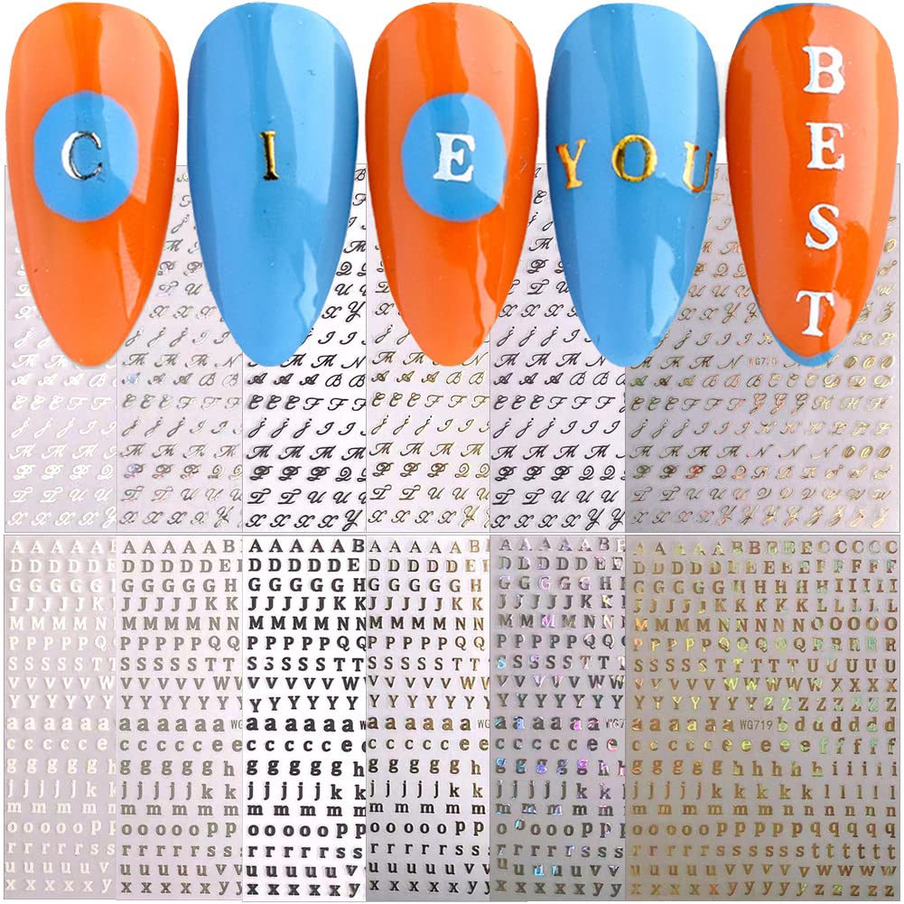 12 Sheets 3D Self-Adhesive Metallic Nail Art Stickers - Holographic Laser Old English Alphabet Decals (Gold & Silver) for Manicure Decoration | Perfect for Nail Salon, DIY Home Nail Art, Parties and Special Occasions
