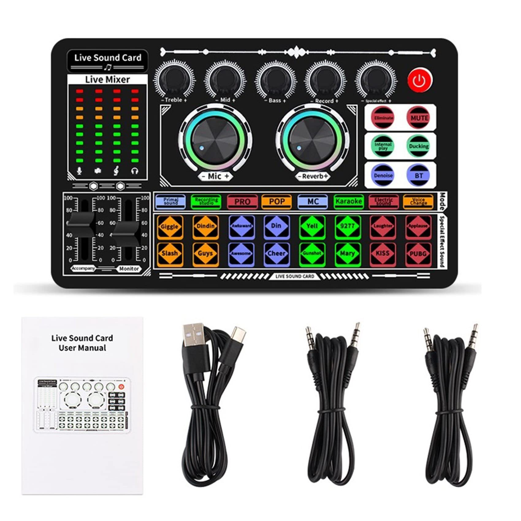 Leihao F999 Professional Audio Mixer & Sound Card - Voice Changer, USB Mixing Console with Amplifier for PC, Phone, Computer (Perfect for Live Streaming, Podcasting & Karaoke)