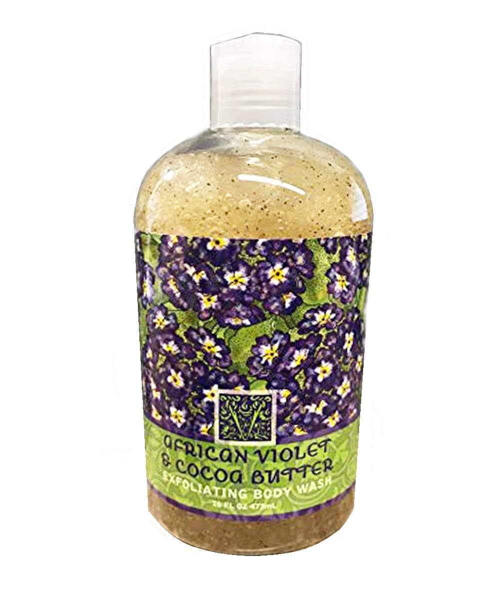 Greenwich Bay Trading Co. Exfoliating Scented Body Wash with Shea & Cocoa Butter - 16oz Luxury Spa Quality African Violet Scent for Soft, Smooth Skin | Perfect for Shower, Bath & Self-Care Routine