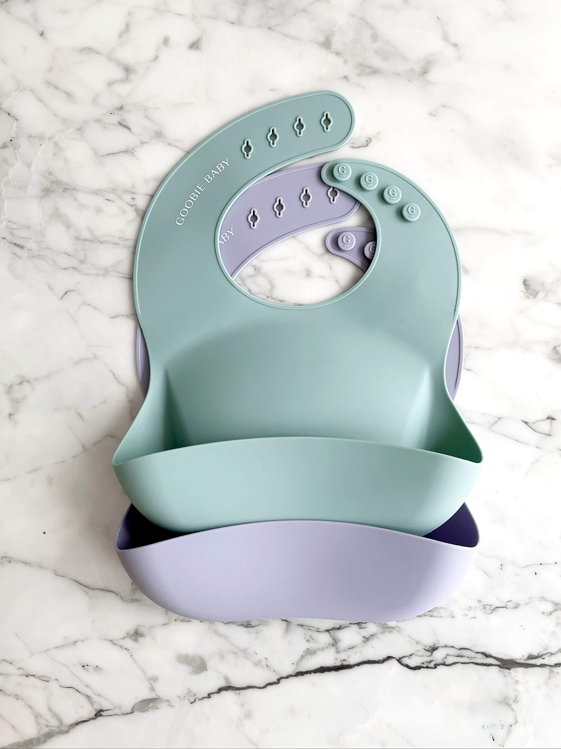 **Adjustable Waterproof Silicone Baby Bib with Food Catcher - Soft & Easy Clean Feeding Bib for Infants & Toddlers 4-36 Months (Girl & Boy) - 2 Pack (Sea Glass/Lilac) - Perfect for Messy Meals & On-the-Go Feeding**