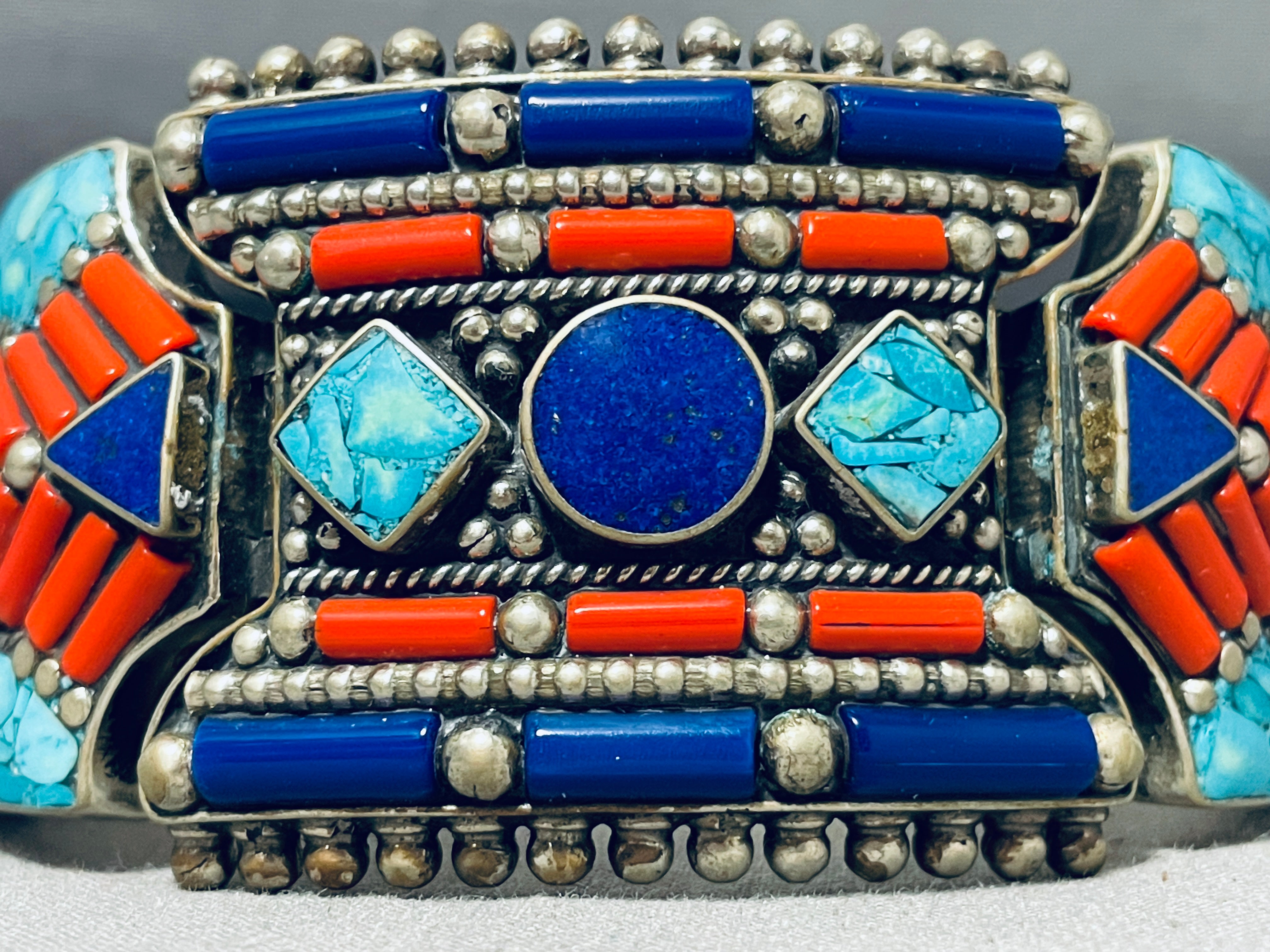 Vintage Turquoise Lapis Coral Sterling Silver Clasp Bracelet - 153 Grams | Handmade Boho Jewelry for Women | Perfect for Casual Wear, Parties & Gift Giving