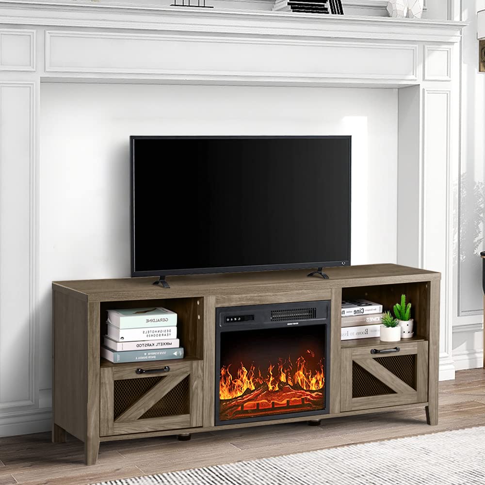 Farmhouse Wood TV Stand for 65 Inch TV - Electric Fireplace Entertainment Center with Storage Doors, Grey - Perfect for Living Room, Bedroom & Home Theater Setup