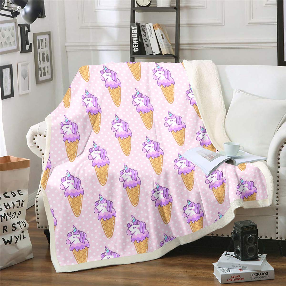 Soft Kids Fleece Throw Blanket - Cartoon Ice Cream & Unicorn Sherpa Blanket 87x95 Inch - Cozy Plush Blanket for Couch, Bed, Sofa - Perfect for Nursery, Sleepovers & Winter Snuggles