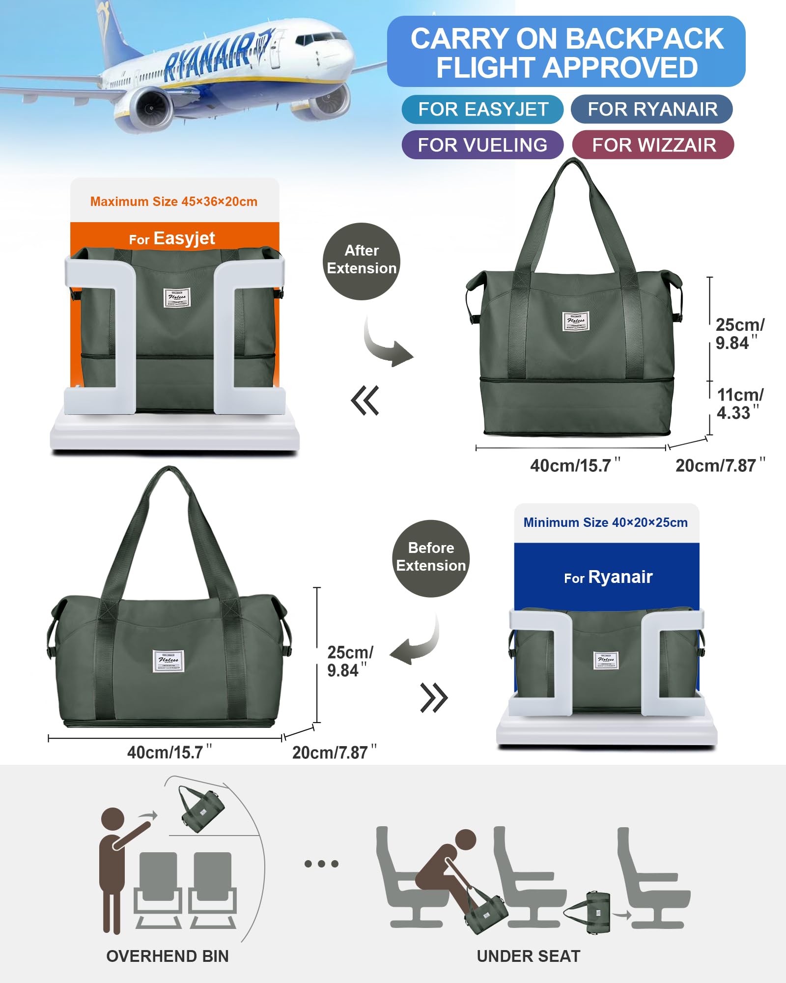 Women's Travel Duffel Bag with Trolley Sleeve - Expandable Carry On Weekender Gym Bag for Airplane (18x14x8 inches, Green) | Perfect for Weekend Getaways, Gym Workouts & Business Travel