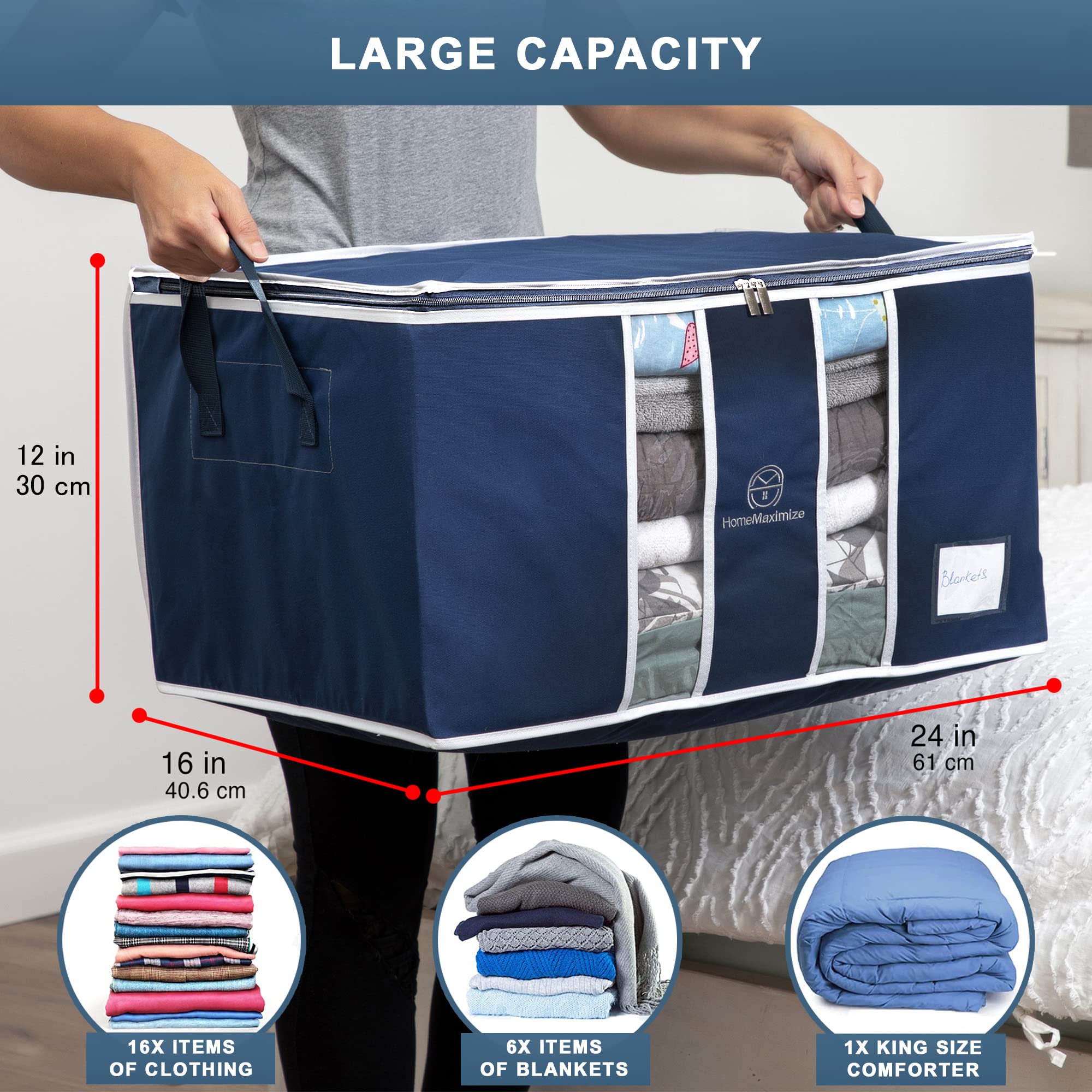 Vacuum Storage Bags for Clothes, Blankets, Comforters & Bedding - Space Saving Organizer with Clear Window & Zipper Closure - Stackable 3 Pack Blue - Perfect for Seasonal Storage & Travel Packing
