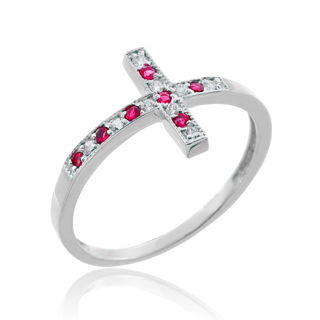 14K White Gold Sideways Cross Ring with White & Red CZ Stones - Elegant Religious Jewelry for Women, Perfect for Church, Weddings & Everyday Wear