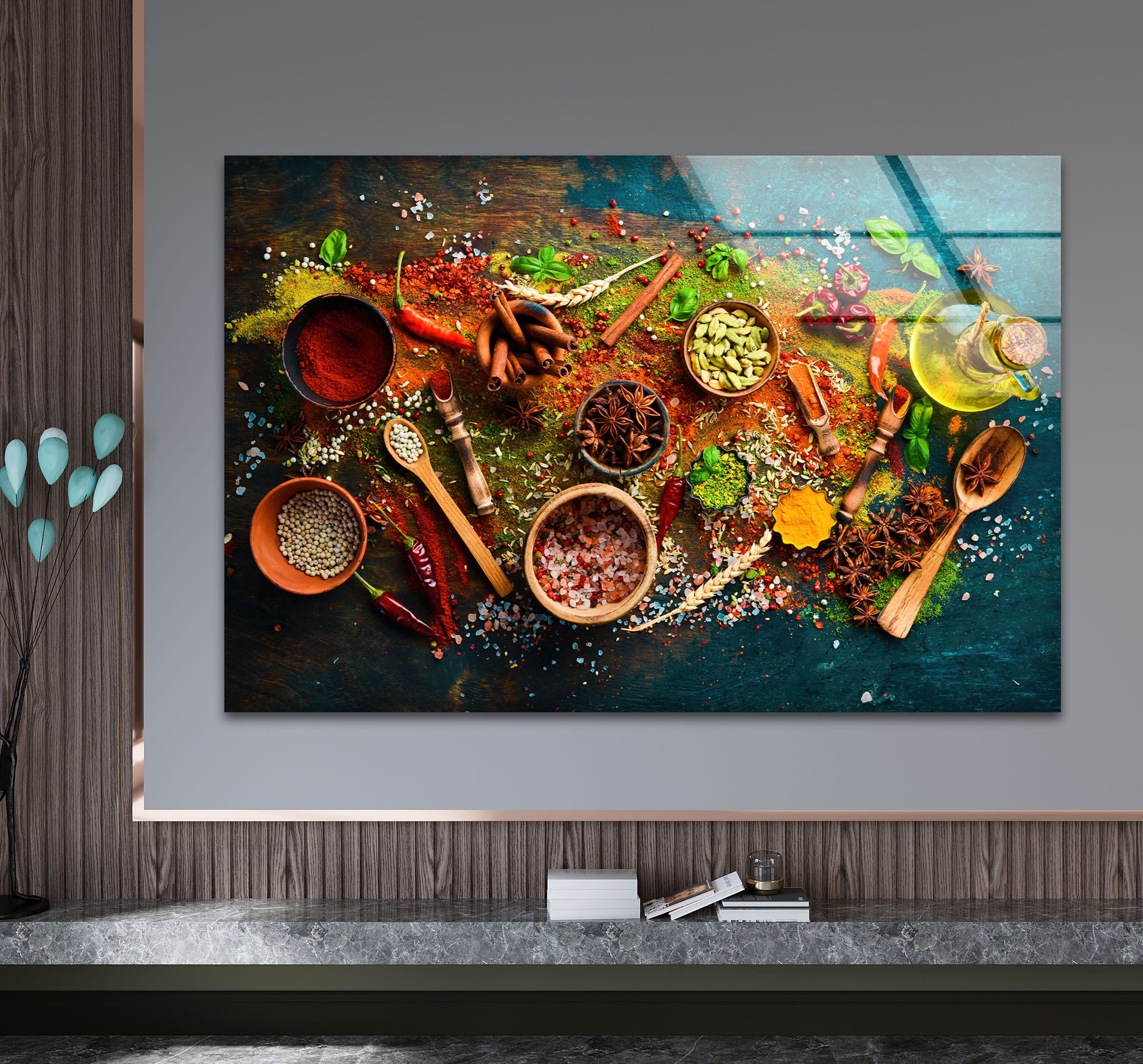 Vibrant Spices & Herbs Wall Art - Rustic Kitchen Decor Print on Glass for Culinary Enthusiasts | Perfect for Farmhouse Kitchens, Dining Rooms & Cooking Spaces