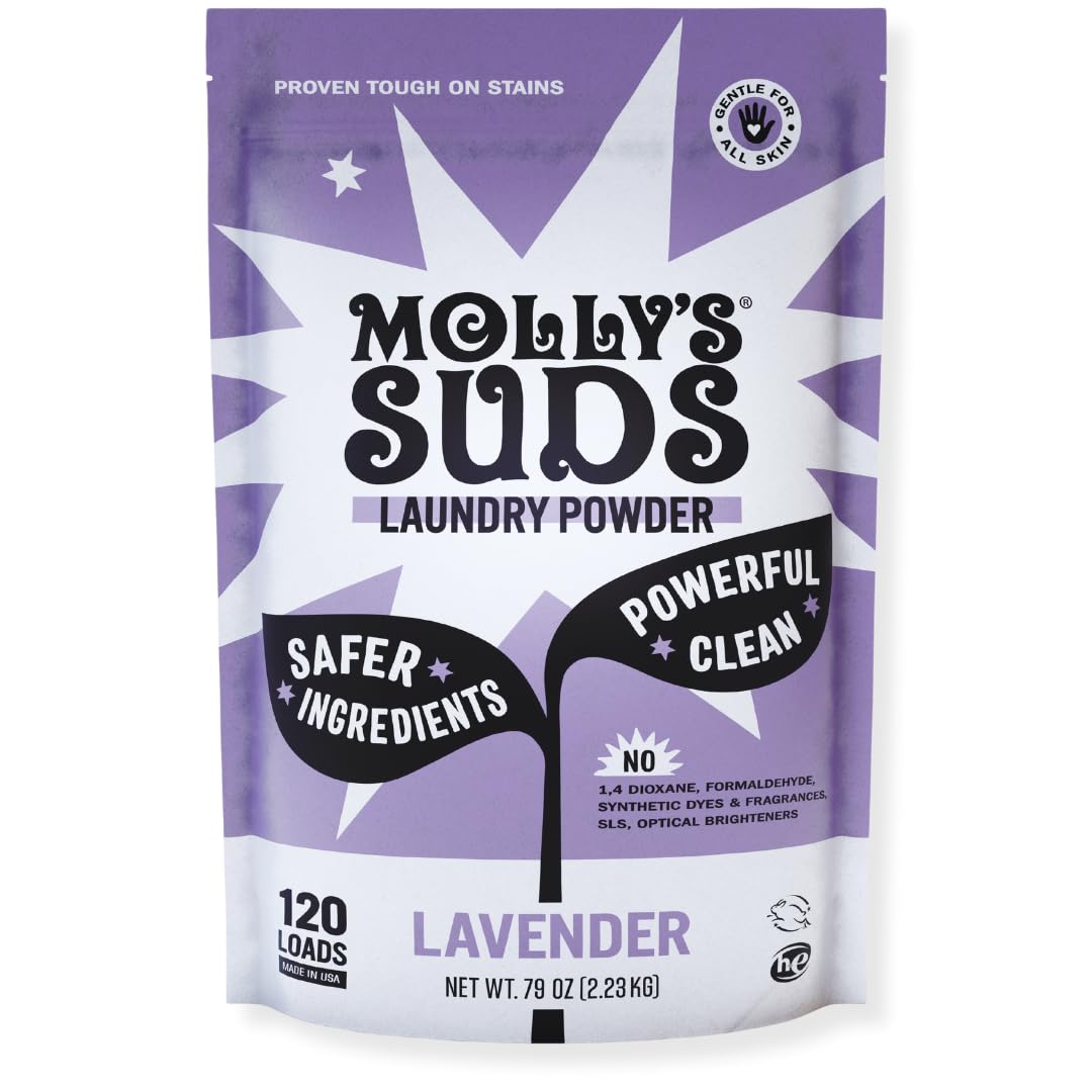 Molly's Suds Original Laundry Detergent Powder for Sensitive Skin - Plant-Based, Eco-Friendly Stain Remover with Lavender Scent (120 Loads) | Gentle on Baby Clothes, Hypoallergenic for Eczema & Allergies | Perfect for HE Washers, Cloth Diapers & Organic Fabrics