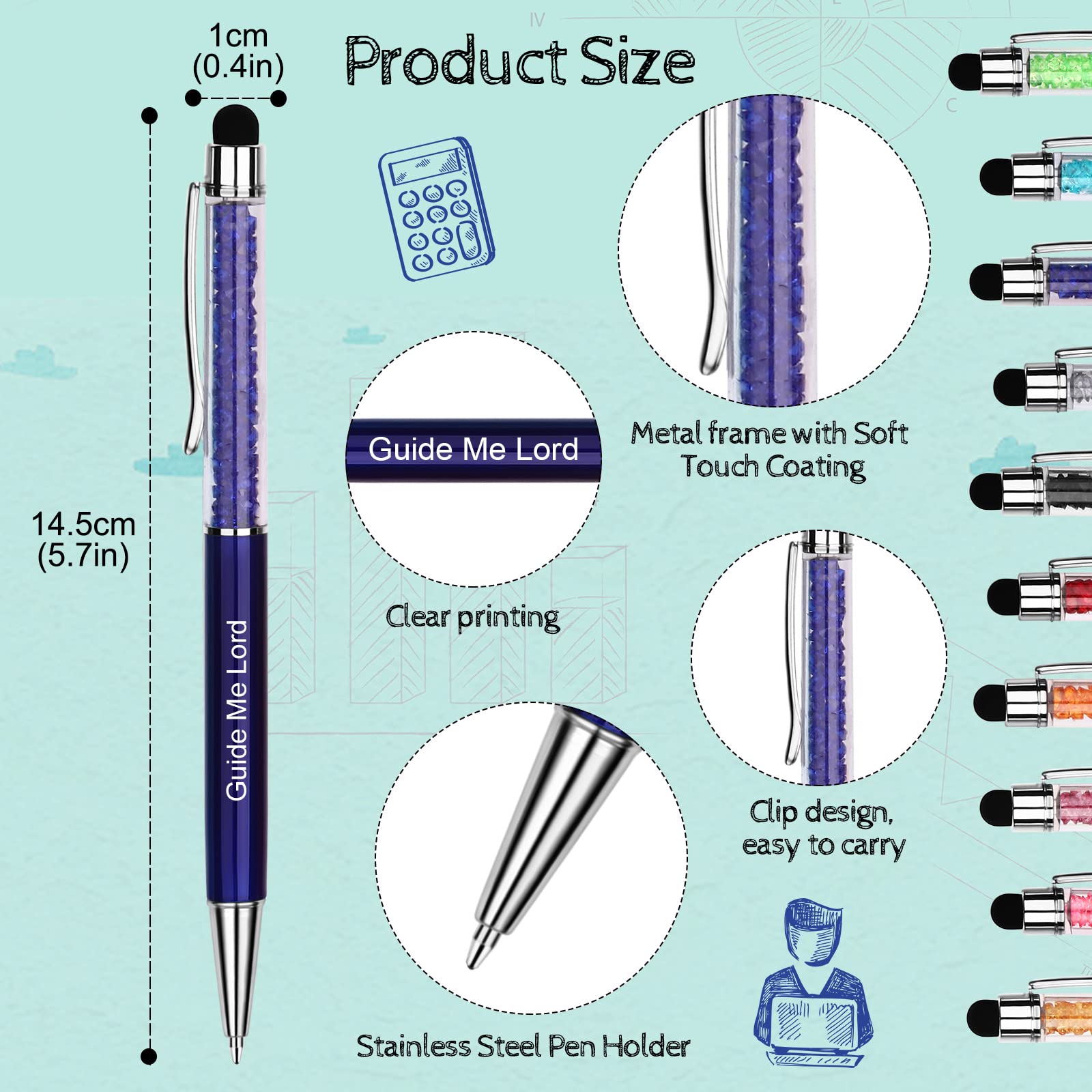 Bnesi 2-in-1 Personalized Crystal Pens with Stylus - 10 Blue Refillable Ink Cartridges - Compatible with Tablets, Smartphones & Laptops - Perfect for Office Work, Note Taking & Digital Signatures