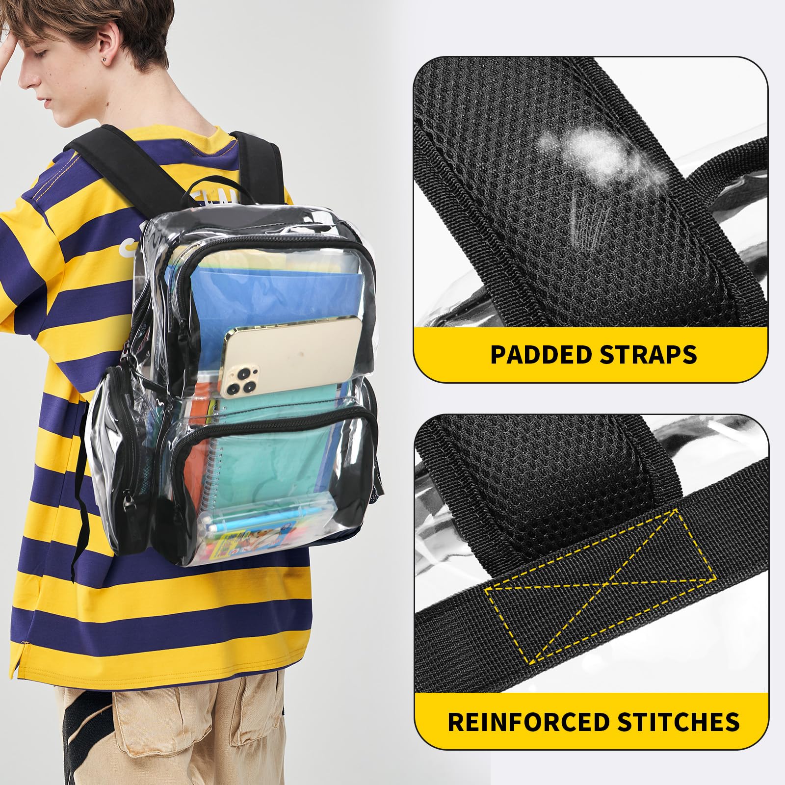 Vorspack Heavy Duty Clear Backpack - Extra Large Transparent School Backpack with Reinforced Bottom for College, Workplace & Security Checkpoints | Durable See-Through Bag for Travel, Concerts & Stadium Events (Black)