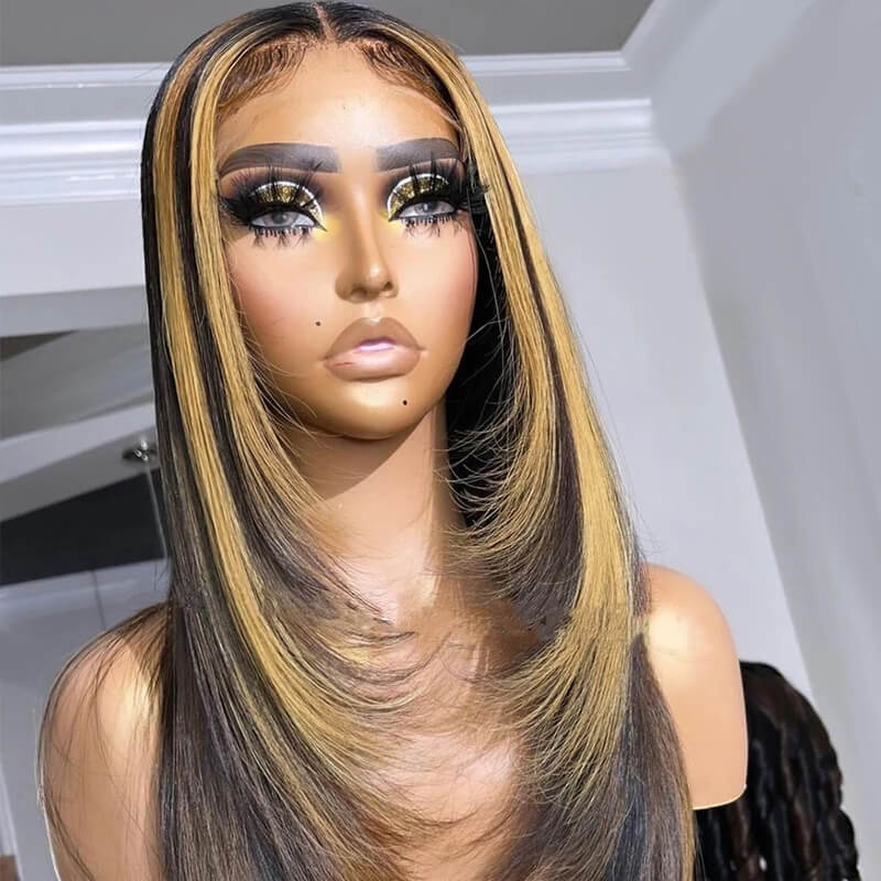 Eullair Layered Cut Honey Blonde Skunk Stripe 4x4 5x5 Lace Closure Highlight Straight Human Hair Wigs - Pre Cut & Colored for Daily Wear, Parties & Cosplay
