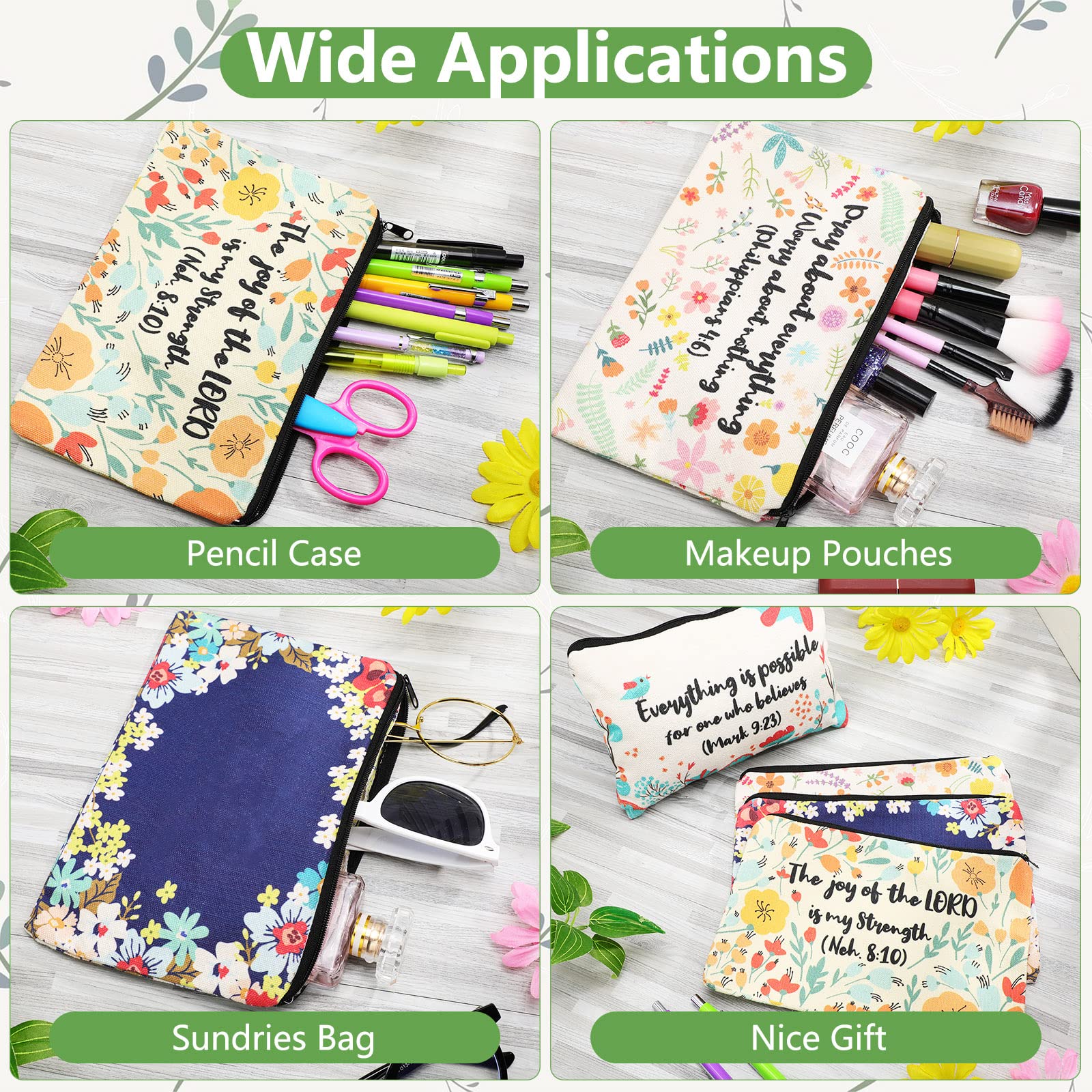 4 Pack Bible Verse Pencil Pouch - Christian Canvas Makeup Bag for Students & Office