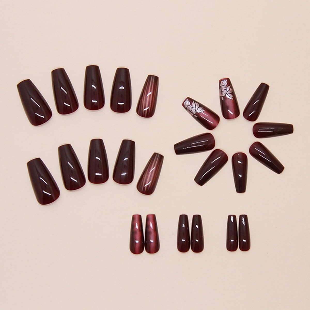24 Pcs Dark Red Press on Nails Medium Square Spring Flower Fake Nails Coffin False Nails with Stripe Designs - Glossy Full Cover Acrylic Nail Kit for Women Manicure - Perfect for Parties, Weddings, and Daily Wear