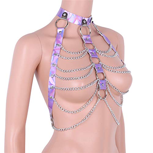 Holographic Rave Body Harness with Chest Cage, Choker & Chain Belts - Festival Costume with Pasties for EDM, Music Festivals & Clubwear Roleplay - Perfect for Rave Parties, Cosplay & Nightclub Outfits