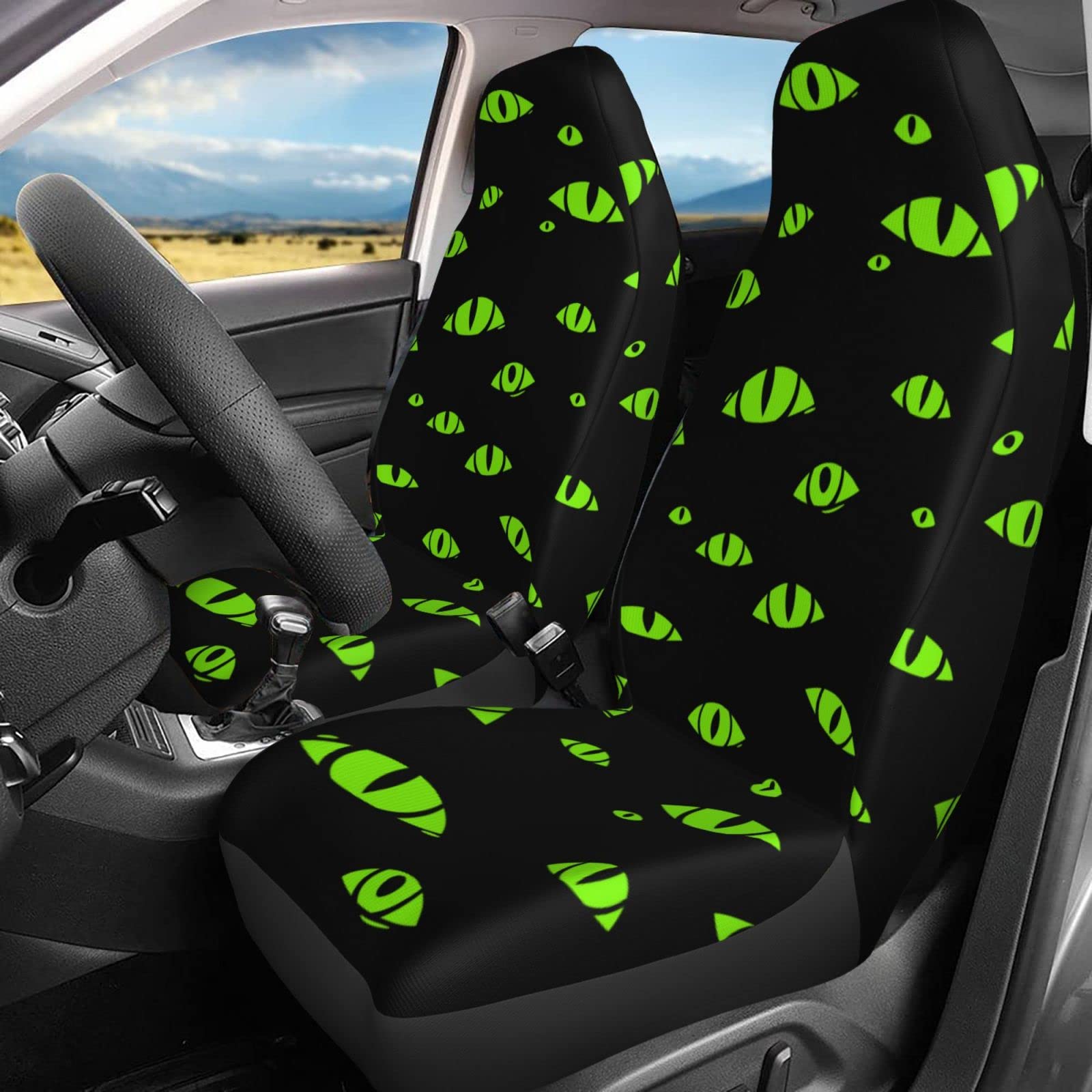 Halloween Green Monster Eyes 2-Piece Car Seat Covers Set - Universal Fit for Most Cars, SUVs, Vans & Trucks | Front Seat Protectors & Auto Interior Accessories for Spooky Decor & Vehicle Protection