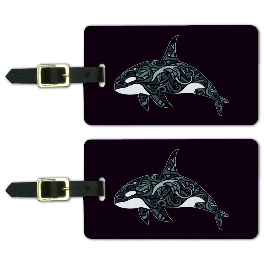 Orca Killer Whale with Ocean Waves Luggage ID Tags - Set of 2 Waterproof Suitcase Tags for Travel, Cruise & Backpacking