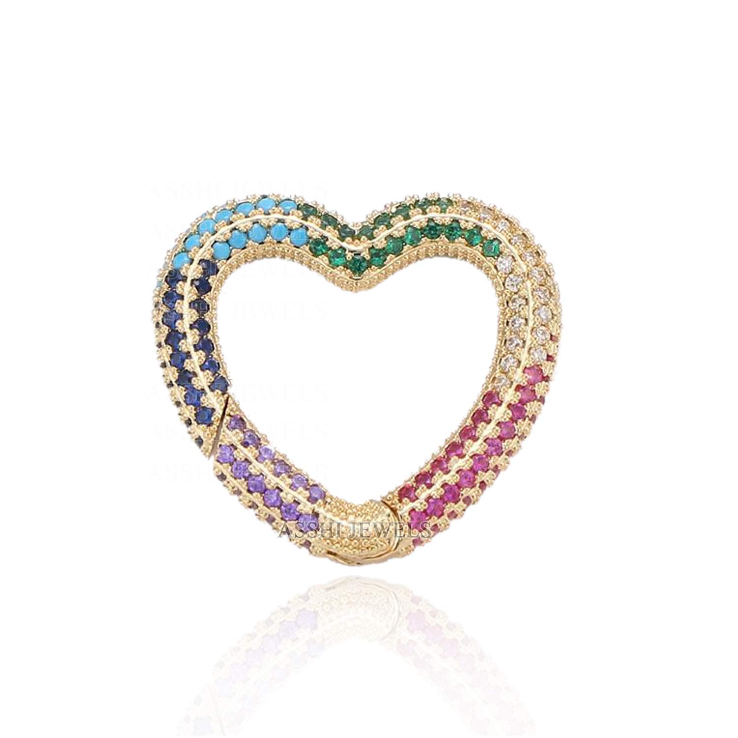 14K Gold Vermeil Multi Sapphire Charms - Designer Push Lock Charms Holder with Heart Clasp - Elegant Jewelry for Bracelets & Necklaces - Perfect Gift for Birthdays, Anniversaries and Special Occasions