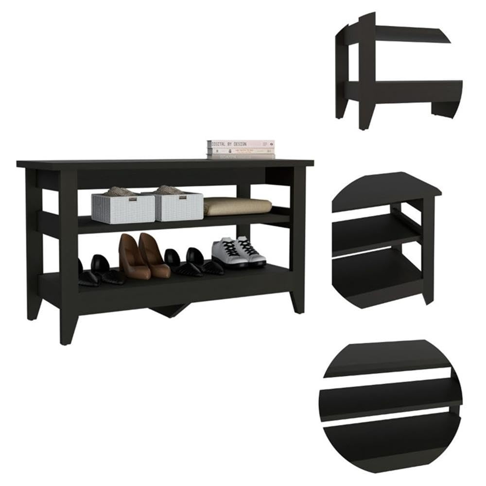 TUHOME Misuri Storage Bench - Black Engineered Wood Entryway Bench with Seat & Storage for Living Room, Bedroom, or Hallway