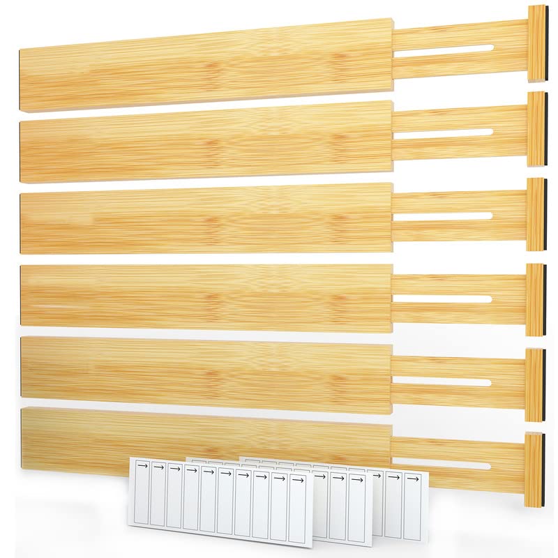 SpaceAid Bamboo Drawer Organizers with Labels - Adjustable Kitchen Drawer Dividers (17-22 Inch) - Expandable Storage Solution for Home, Office, Dresser & Bathroom Organization - Perfect for Utensils, Socks, Makeup & More (Set of 6)