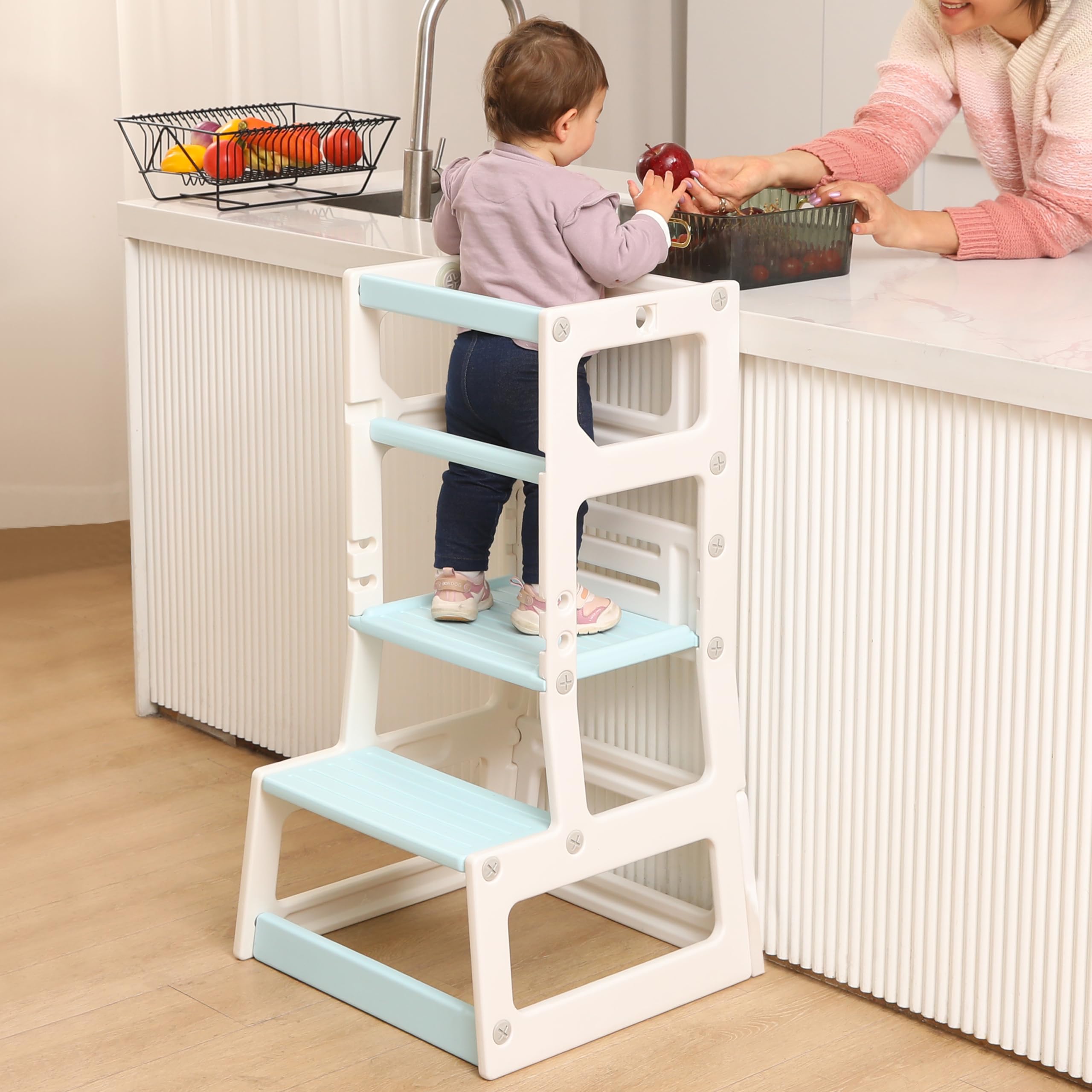 SDADI Adjustable Height Plastic Step Stool for Kids - Safe Kitchen & Bathroom Learning Stool for Toddlers & Children (Beige/Blue) - Perfect for Cooking, Washing Hands & Reaching Countertops
