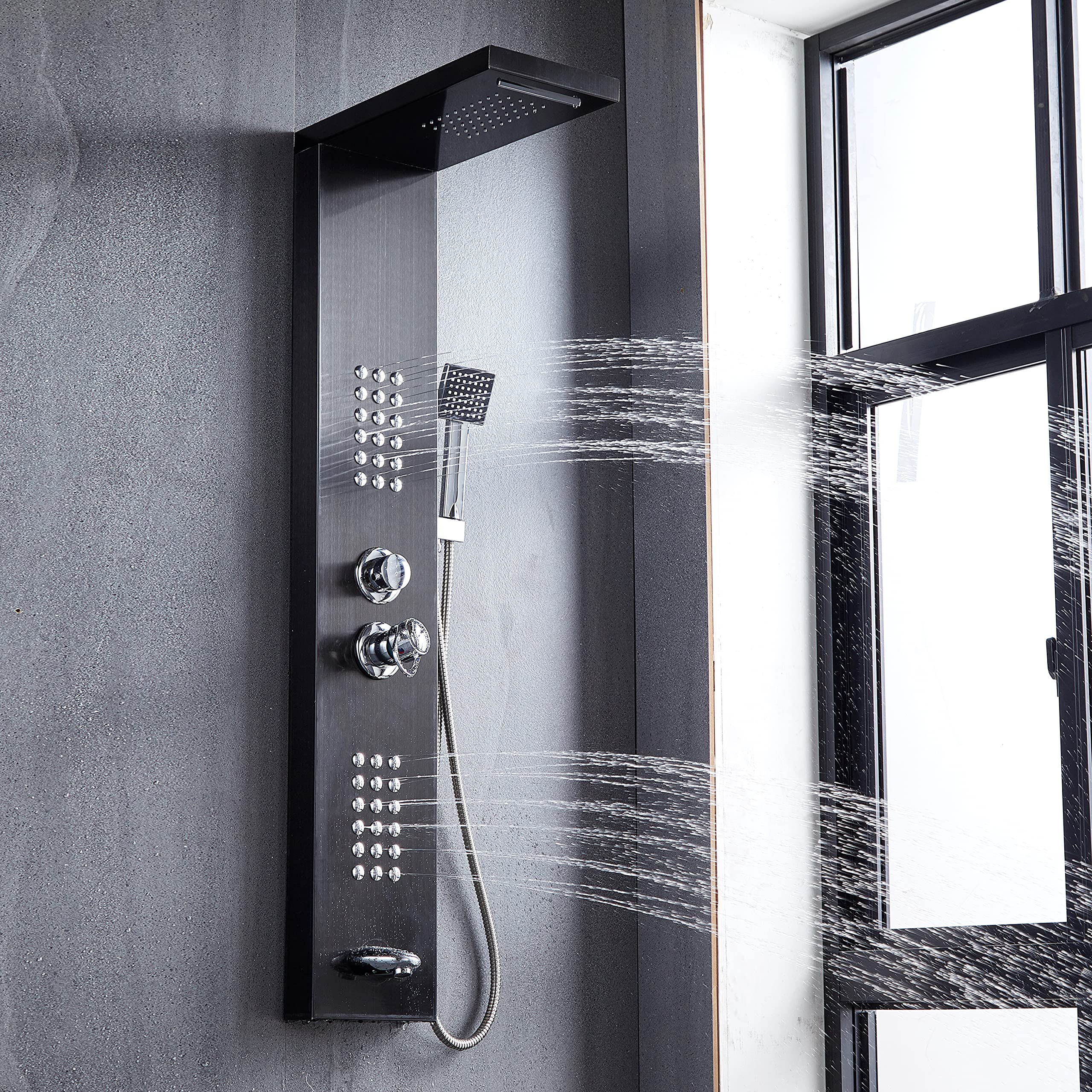 Delavin Multi-Function Shower Panel System - Stainless Steel Rainfall & Waterfall Shower Tower with Body Jets, Tub Spout & Handheld Shower | Brushed Black Finish | Perfect for Luxury Bathroom Renovation & Spa-Like Shower Experience