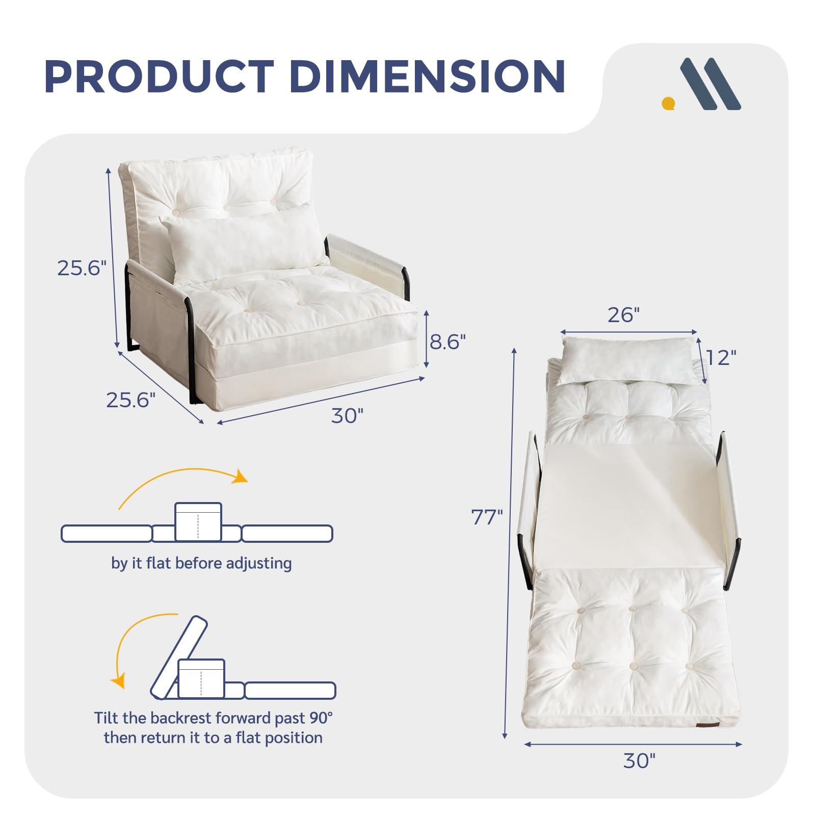 MAXYOYO Adjustable Floor Sofa Bed - Velvet Convertible Lazy Couch with Pillow & Armrests - Single Size Beige Sofa Sleeper for Living Room, Bedroom & Small Spaces