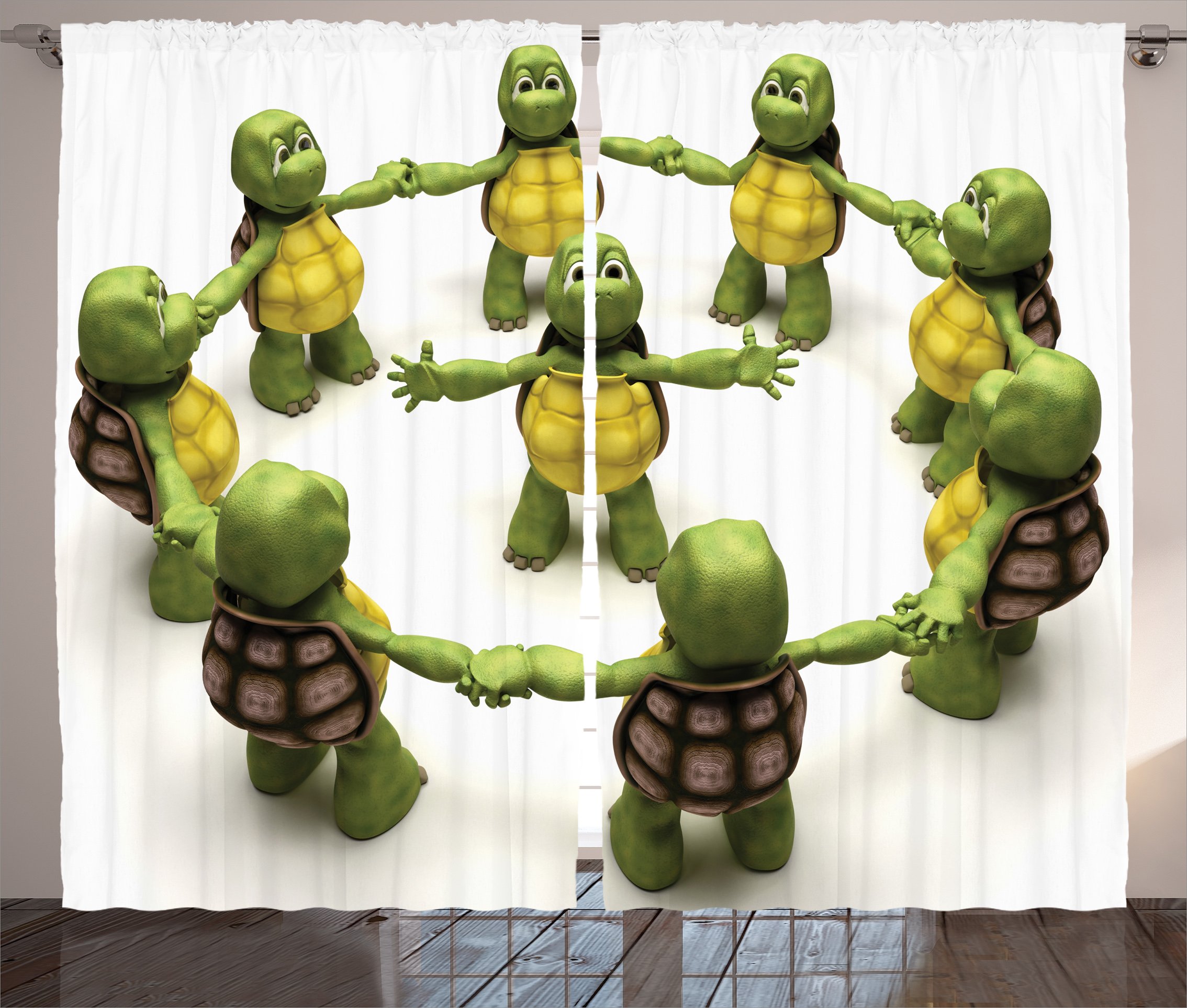 Ambesonne Reptile Themed Curtains - Teenage Mutant Ninja Turtles Dancing Tortoise Team Design, Fun & Happiness Theme for Living Room & Bedroom, 2 Panel Window Drapes 108