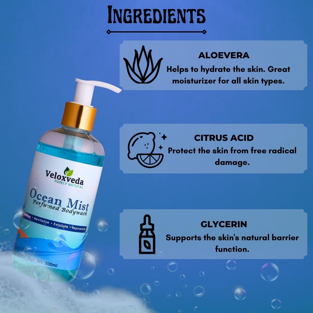 VeloxVeda Ocean Mist Exfoliating Body Wash for Dry Skin - Hydrating & Refreshing Shower Gel 300ml | Organic, Paraben & SLES Free | Men & Women | Perfect for Post-Workout, Spa Day & Daily Skincare Routine
