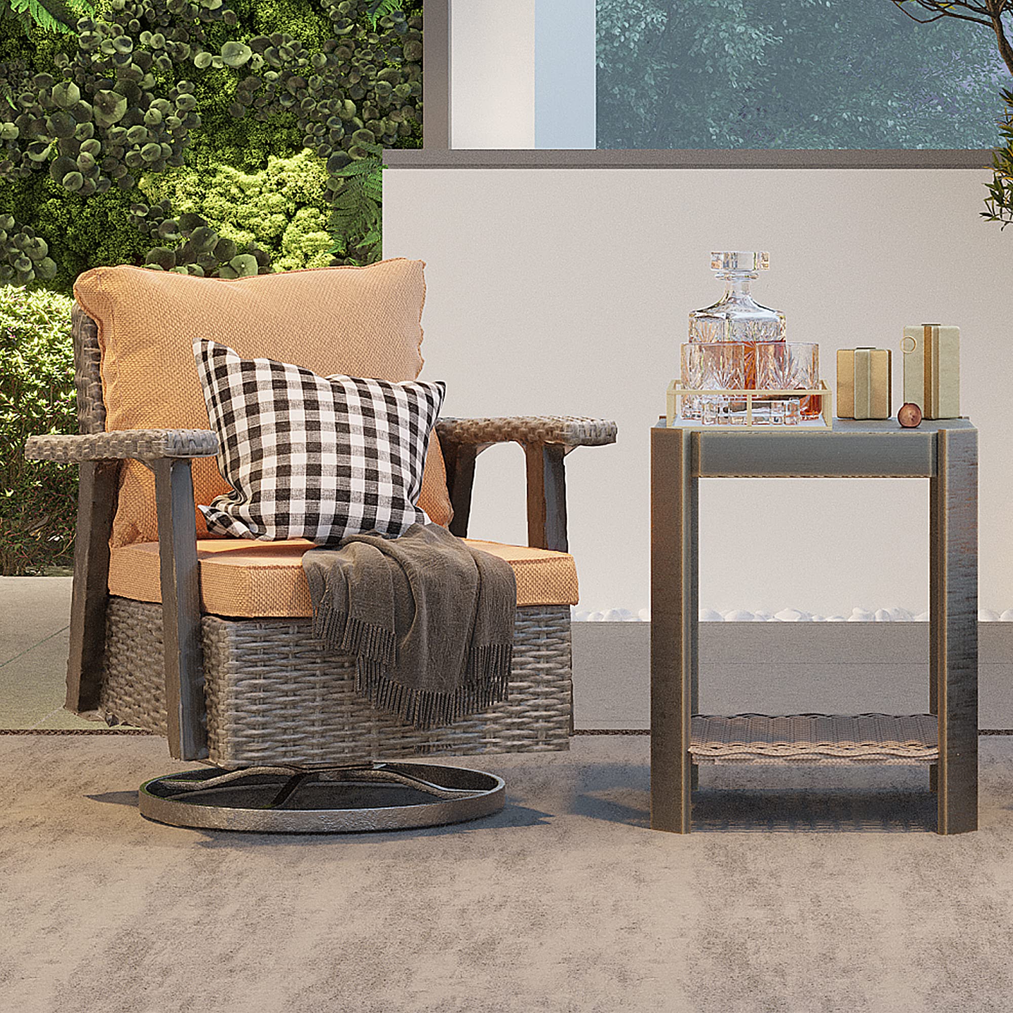 360° Swivel Rocker Patio Chair with Side Table - 2-Piece Outdoor Wicker Furniture Set, Durable Fabric Cushion & Ergonomic Design (Grey/Camel) - Perfect for Backyard, Poolside & Garden Relaxation