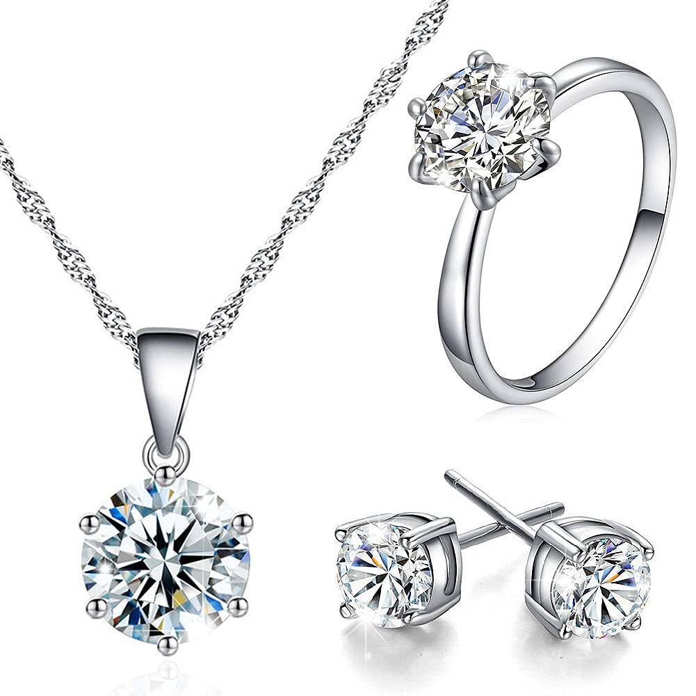 MStyleMRule 6-Prong Necklace, Earrings & Ring Set - Dainty Bridal Jewelry for Women & Teen Girls | Perfect for Weddings, Prom & Special Occasions
