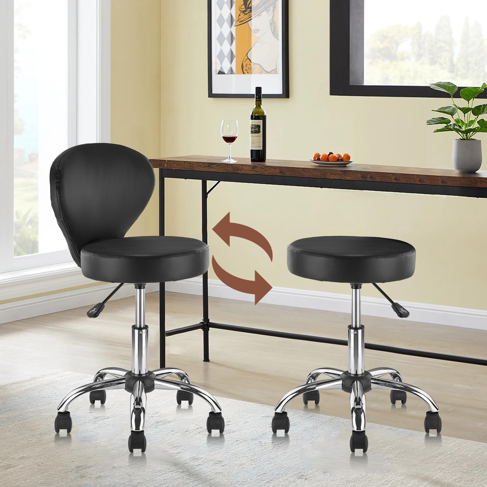 2 Pack Adjustable Hydraulic Salon Stool Chair - PVC Faux Leather Rolling Swivel Stool with Wheels, Lumbar Support, 22