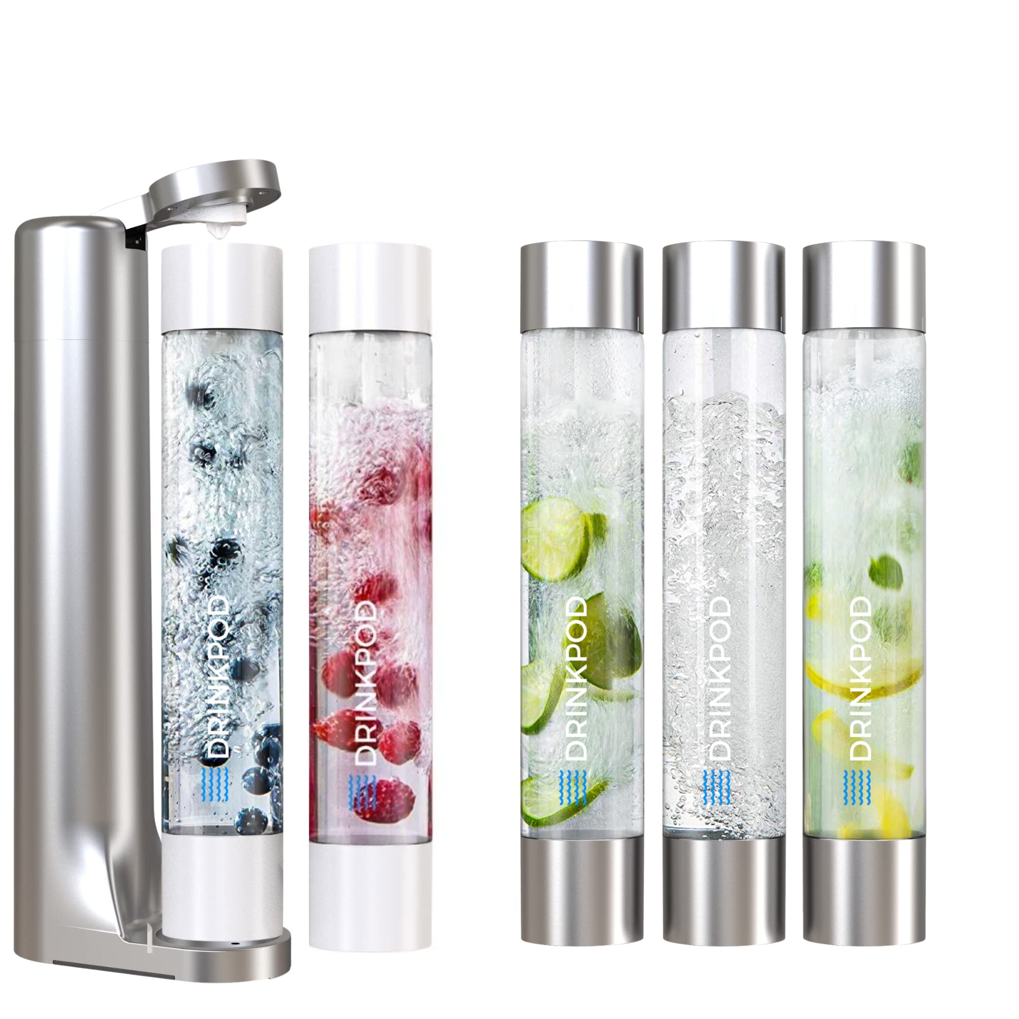 Limited Edition Fizzpod Sparkling Soda Maker Kit with 5 Reusable 1L Bottles - Make Carbonated Drinks at Home - Perfect for Parties, Healthy Homemade Sodas & Refreshing Sparkling Water (DPFZPOD1K2C_SW)
