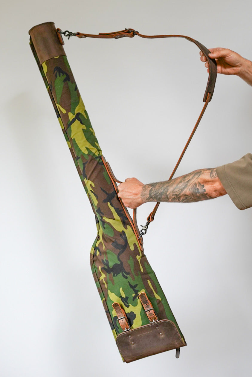 Limited Edition Camo Fishing Rod Case with Brown Leather Accents - Durable Protective Cover for Travel & Outdoor Fishing Gear Storage