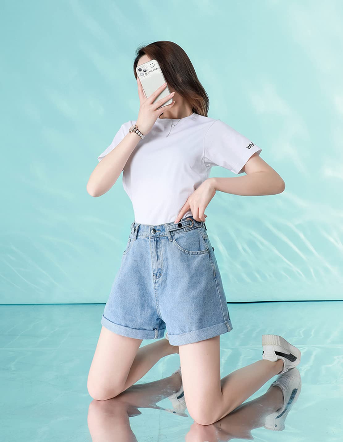 Women's Summer Casual Denim Shorts - Adjustable Elastic Waist, Loose Wide Leg & Rolled Up Hem | Perfect for Beach, Vacation & Everyday Wear