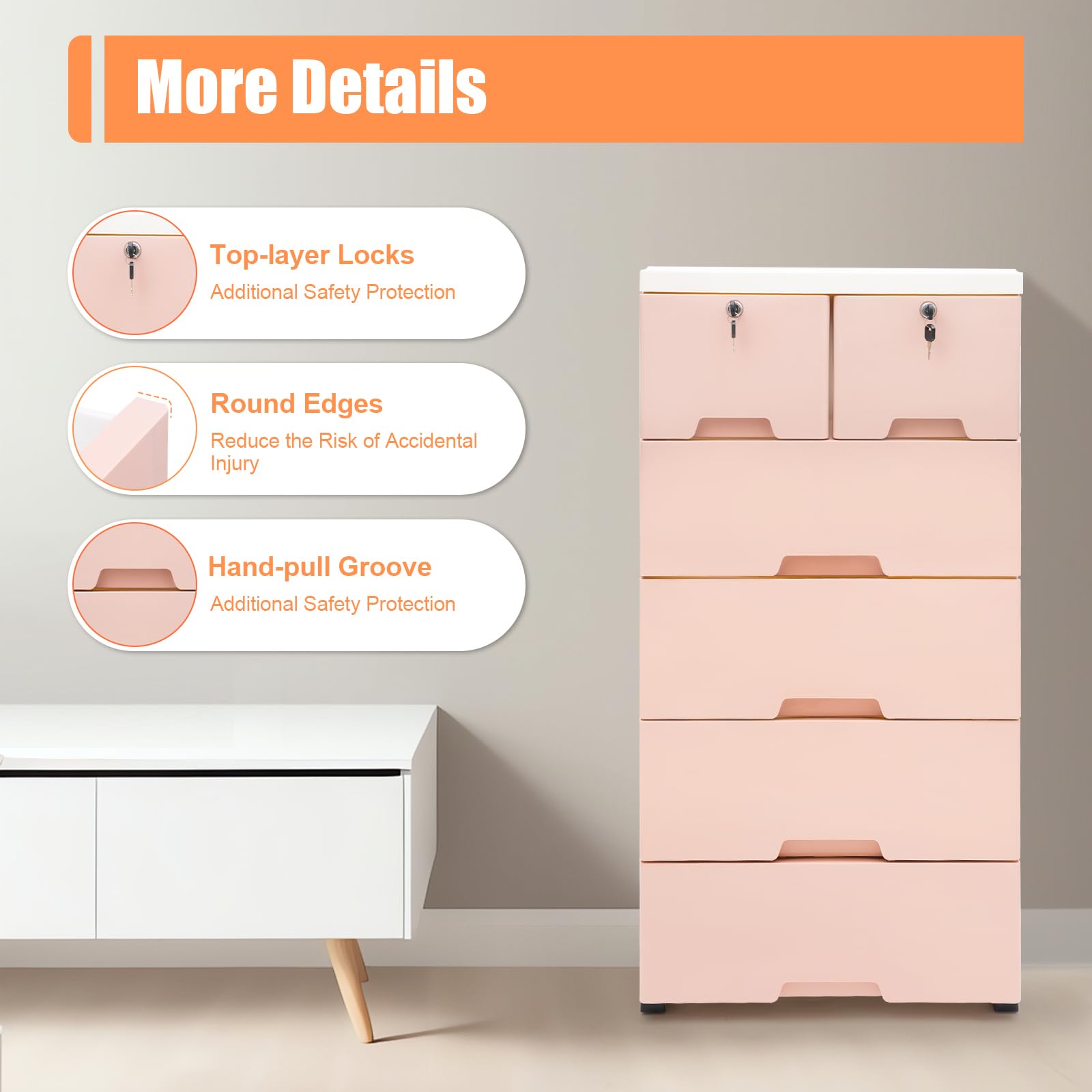 LOYALHEARTDY 6-Drawer Plastic Storage Dresser Cabinet - Tall Vertical Closet Organizer for Clothes, Toys & Bedroom Furniture - Space-Saving Pink Dresser for Playroom, Nursery & Home Organization