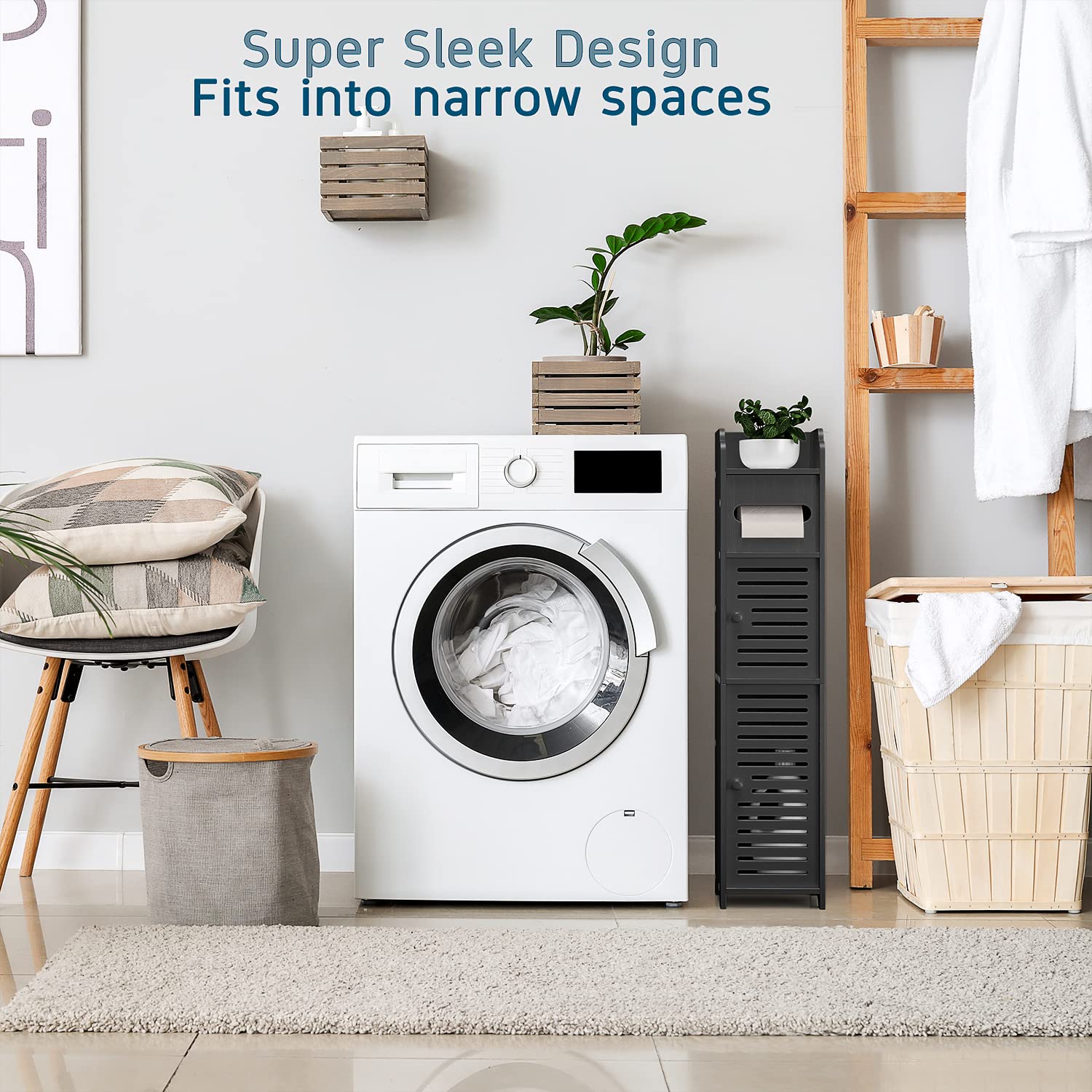 Nestl Small Bathroom Storage Cabinet with 2 Doors & 3 Shelves - Narrow Corner Floor Organizer for Towel, Toilet Paper & Bath Essentials - Space-Saving Black Bathroom Cabinet for Apartments & Small Bathrooms