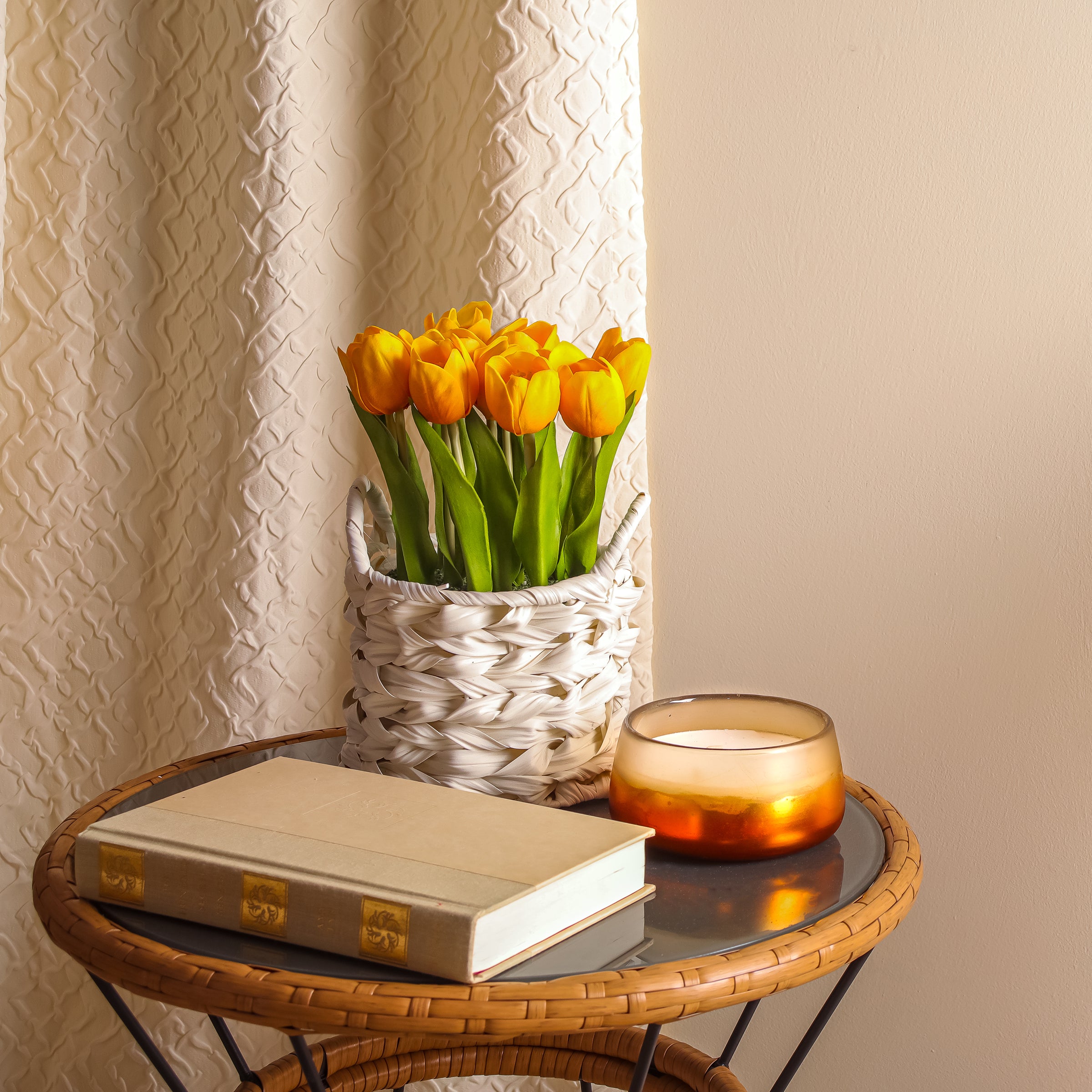 10 Inch Spring Orange Tulip Bouquet in White Basket - Perfect for Easter Decor, Wedding Centerpieces & Home Table Decorations