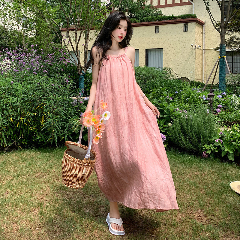 2025 Women's Pink Lazy Wind Suspender Dress - Sweet & Spicy Summer Loose Neck Skirt | Casual Outfit for Beach, Vacation & Daily Wear