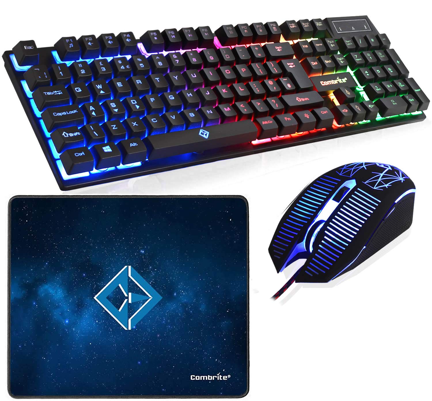 Combrite Raptor Gaming Keyboard and Mouse Set with Large Mouse Pad, RGB LED Backlit, USB Wired Desktop Combo, UK Layout - for PC, Laptop, PS4, Xbox One (Black) - Perfect for Gaming, Office Work, and Home Entertainment