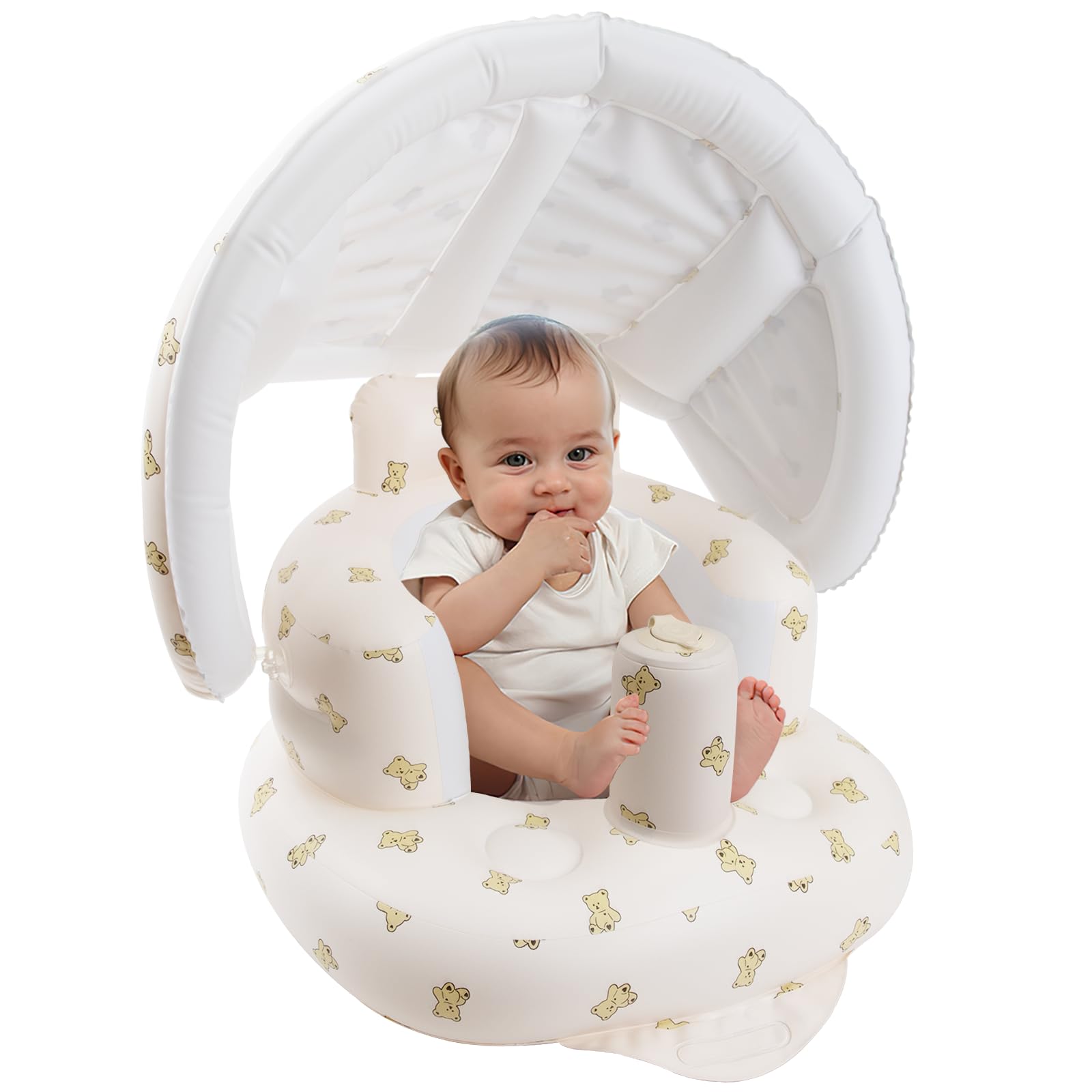 Inflatable Baby Seat with Removable Canopy for Infants 3-24 Months | Portable Blow Up Baby Chair with Built-in Air Pump | Soft Support Floor Seat for Learning to Sit | Perfect for Indoor Play, Travel & Beach (Bear Design)