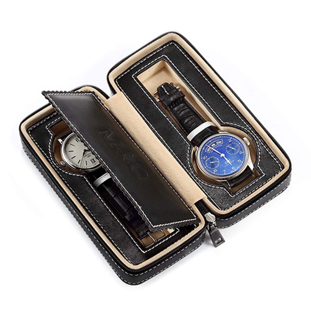 CHYOOO 2 Grid PU Leather Travel Watch Storage Box with Zipper - Portable Watch Organizer & Display Case for Men & Women (Black) - Perfect for Travel, Home, Office & Gift Giving