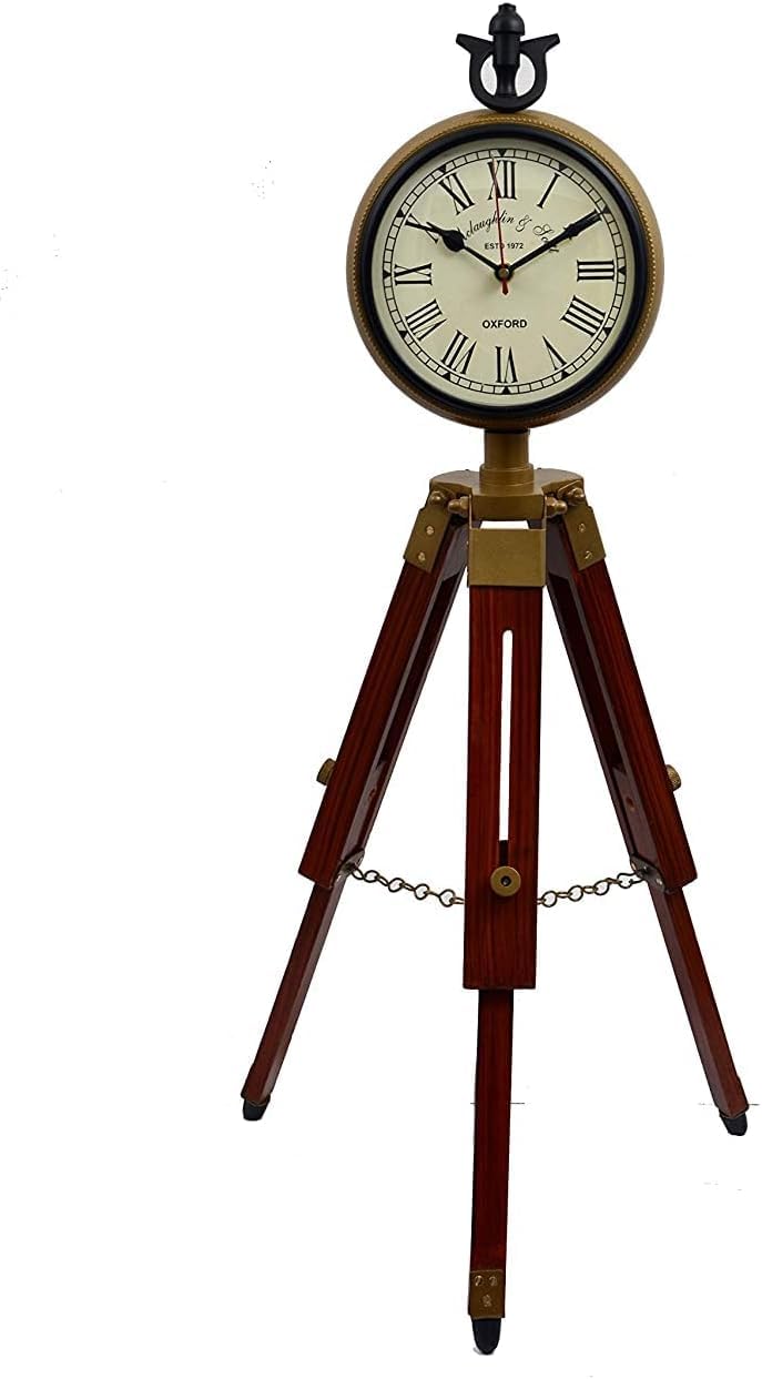 Vintage Nautical Brass Floor Clock with Brown Wooden & Metal Tripod Stand - Classic Home, Office, Living Room & Bedroom Decor | Perfect for Coastal, Farmhouse & Traditional Interior Design Styles