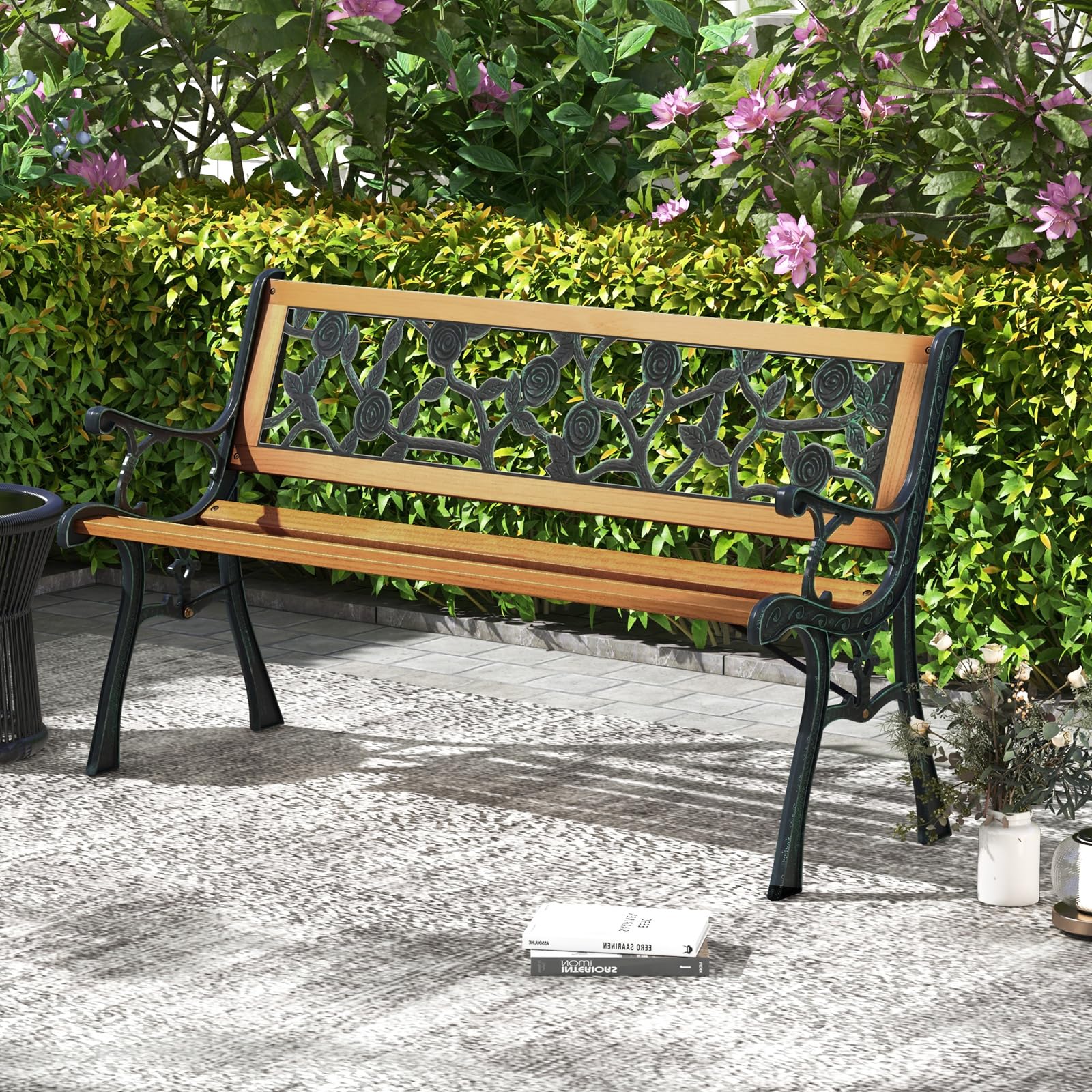 Tangkula Outdoor Garden Bench - Heavy Duty Cast Iron & Hardwood Park Bench for Patio, Porch, Backyard, Deck, Lawn, Poolside - Weather Resistant Loveseat for Relaxing in Gardens, Parks or Outdoor Spaces