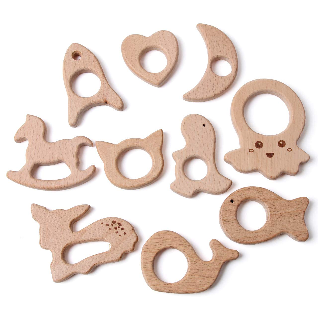 Organic Baby Wooden Teether Set - Natural Infant Teething Toys for Gum Relief, DIY Rattle Rings & Jewelry Holder (Rocket, Heart, Moon, Jellyfish, Bear, Dinosaur) | Perfect for Soothing Sore Gums, Sensory Play & Baby Shower Gifts