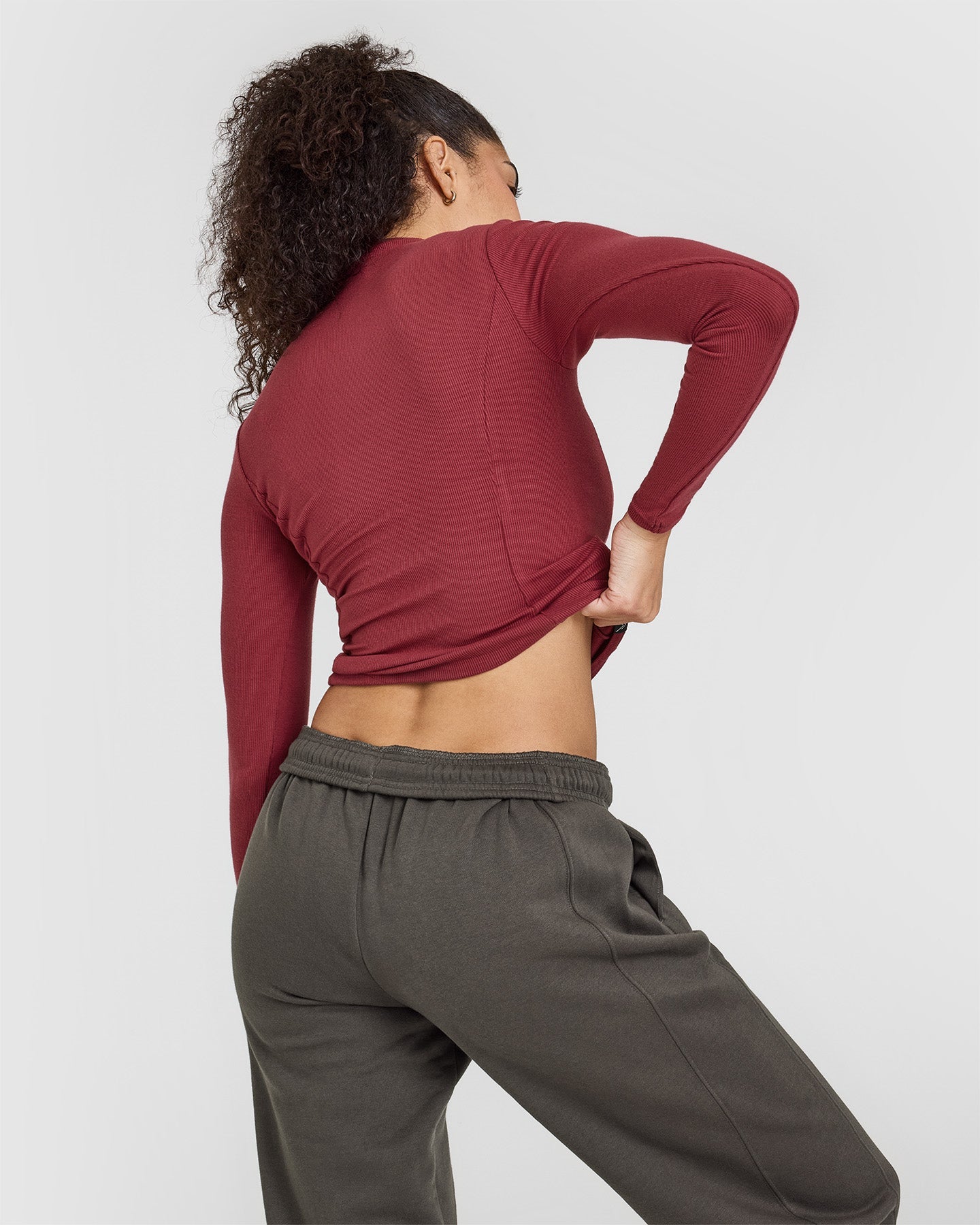 Mellow™ Rib Mock Neck Long Sleeve Top for Women - Soft Stretch Knit Turtleneck Shirt in Burnt Cherry Red | Perfect for Fall Layering, Office Wear & Casual Outfits