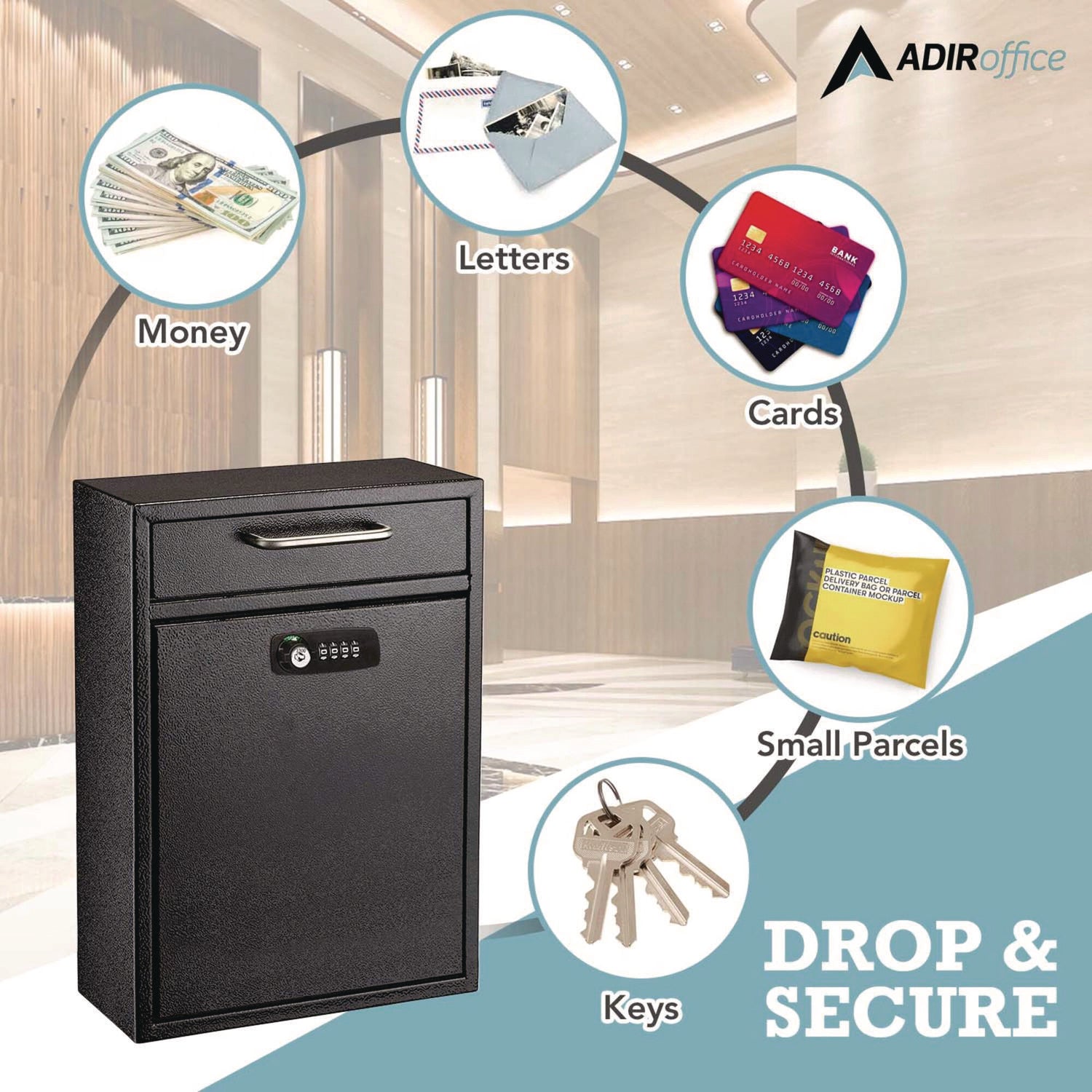AdirOffice Large Secure Drop Box - Wall Mounted Locking Mailbox with Key & Combination Lock (11.2 x 4.7 x 16.2 Inches, Black) - Perfect for Home, Office, Apartment & Commercial Package Delivery Security