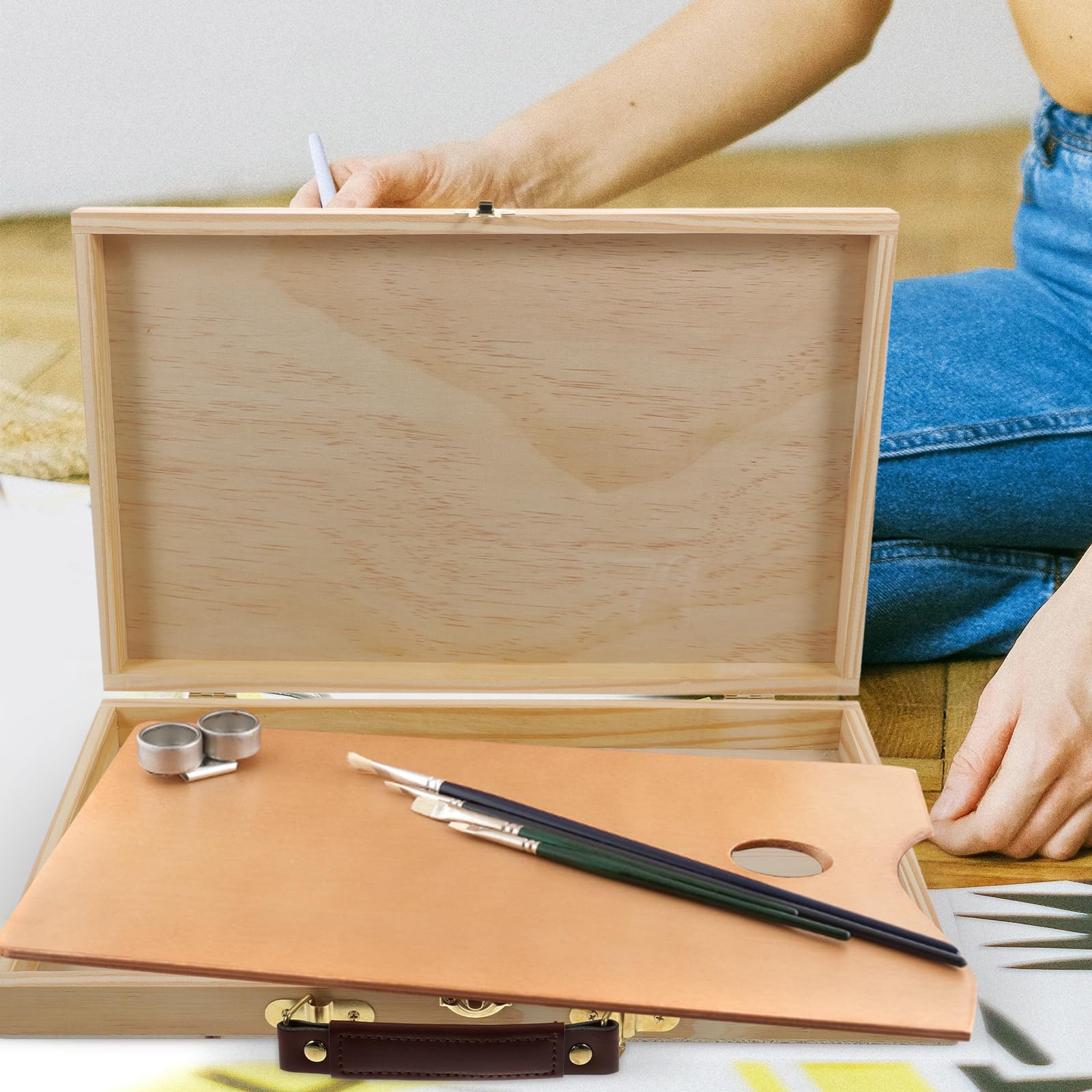 FAVOMOTO Portable Unfinished Wooden Art Storage Box - Artist Painting Organizer for Brushes, Paints & Pigments | Perfect for Studio, Classroom & Outdoor Sketching
