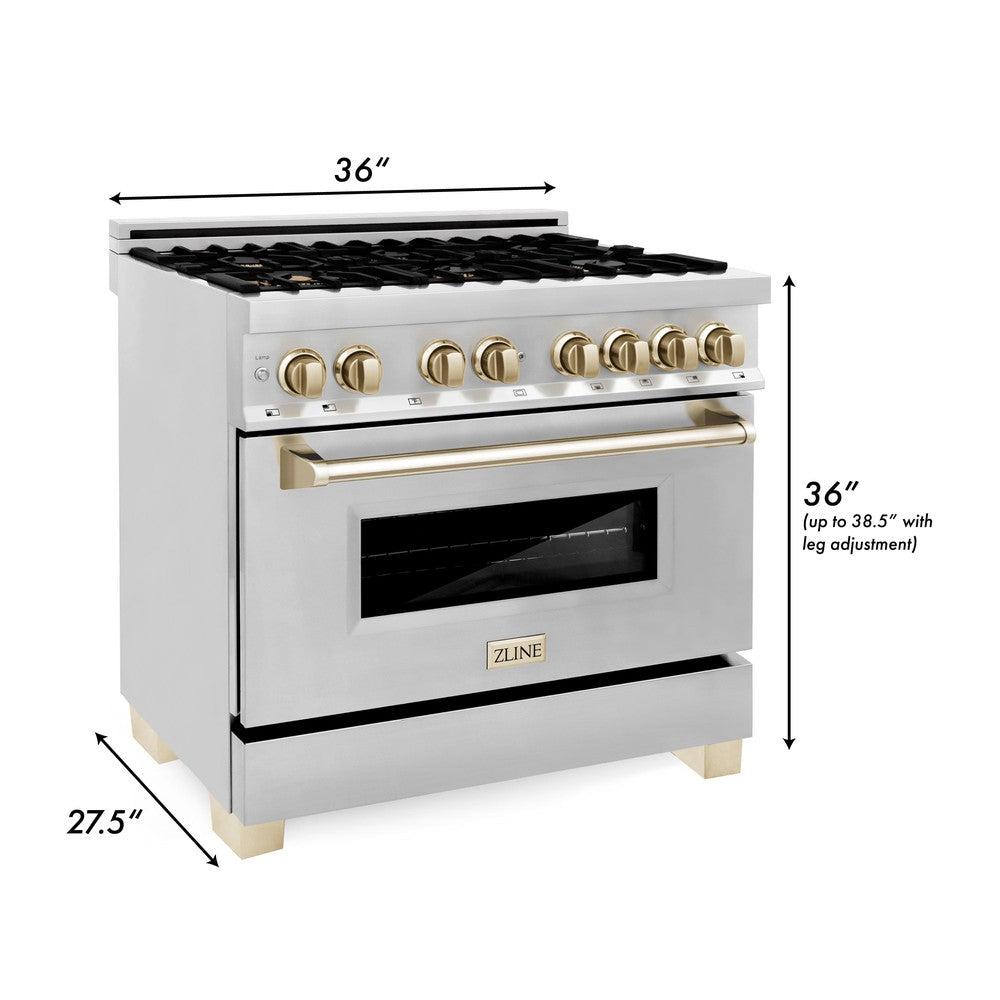 ZLINE Autograph Edition 36-inch Stainless Steel Dual Fuel Range Kitchen Package with Range Hood, Dishwasher & Refrigerator - External Water Dispenser & Polished Gold Accents (4AKPR RARHDWM36 G) | Premium Kitchen Appliances for Modern Homes & Professional Chefs