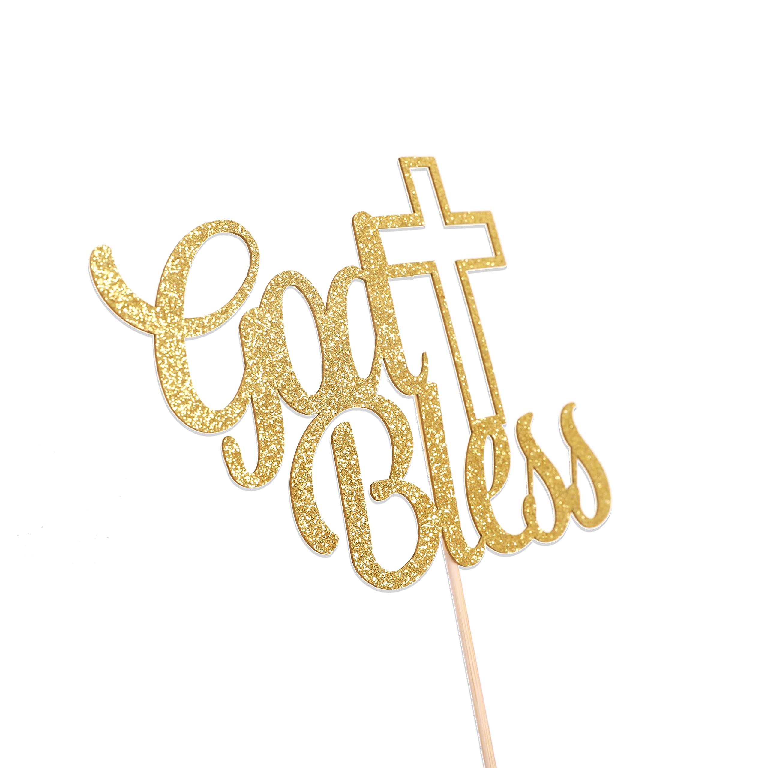 Golden Glitter God Bless Cake Topper - Baptism & First Communion Cake Decorations for Boys & Girls, Religious Cake Topper with Custom Name, Golden Glitter Cake Decor Supplies - Perfect for Baptism, Christening, First Holy Communion & Religious Celebrations